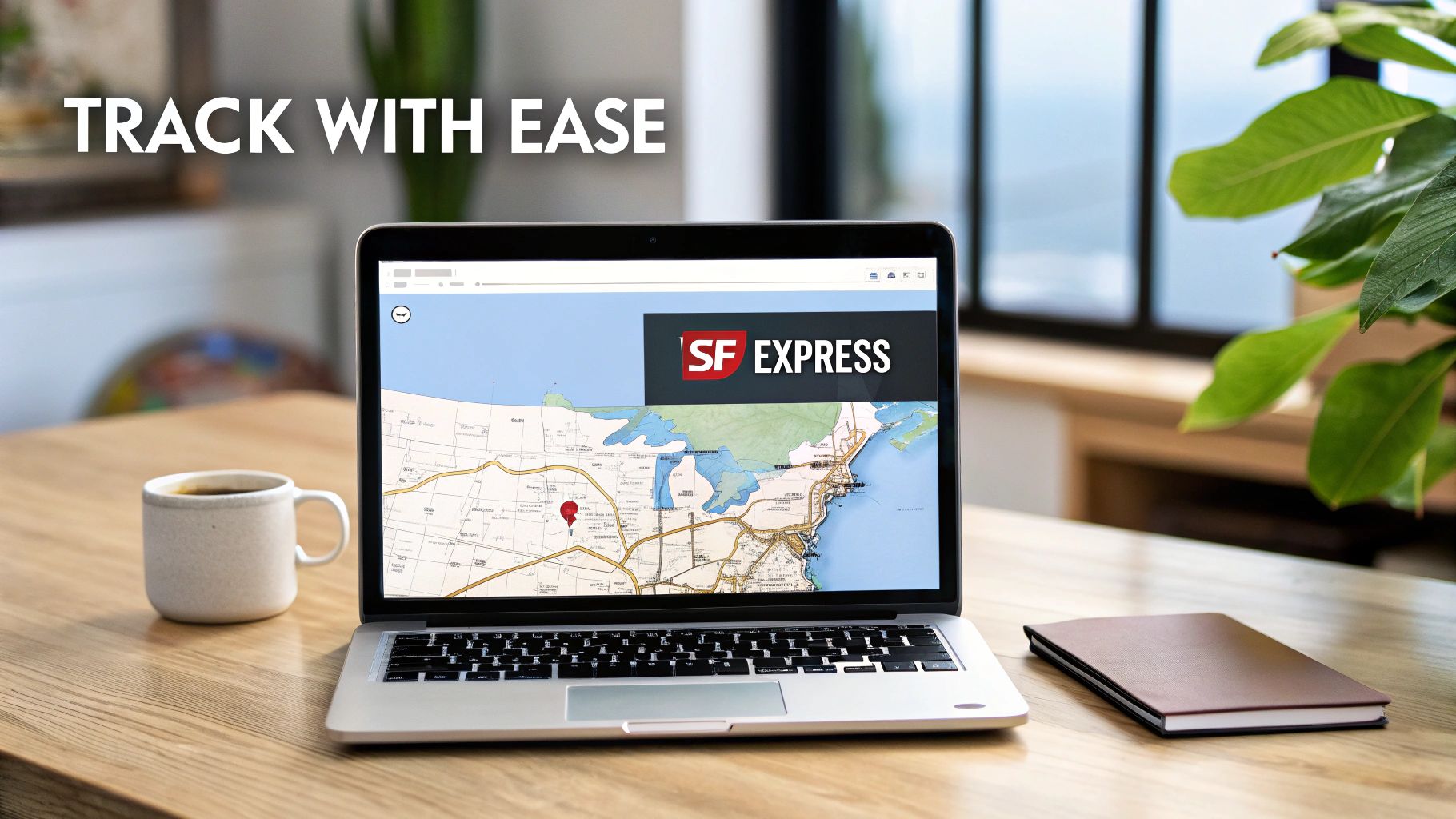 Laptop on a wooden desk showing SF Express shipping tracking map and a red pin, next to a coffee mug.