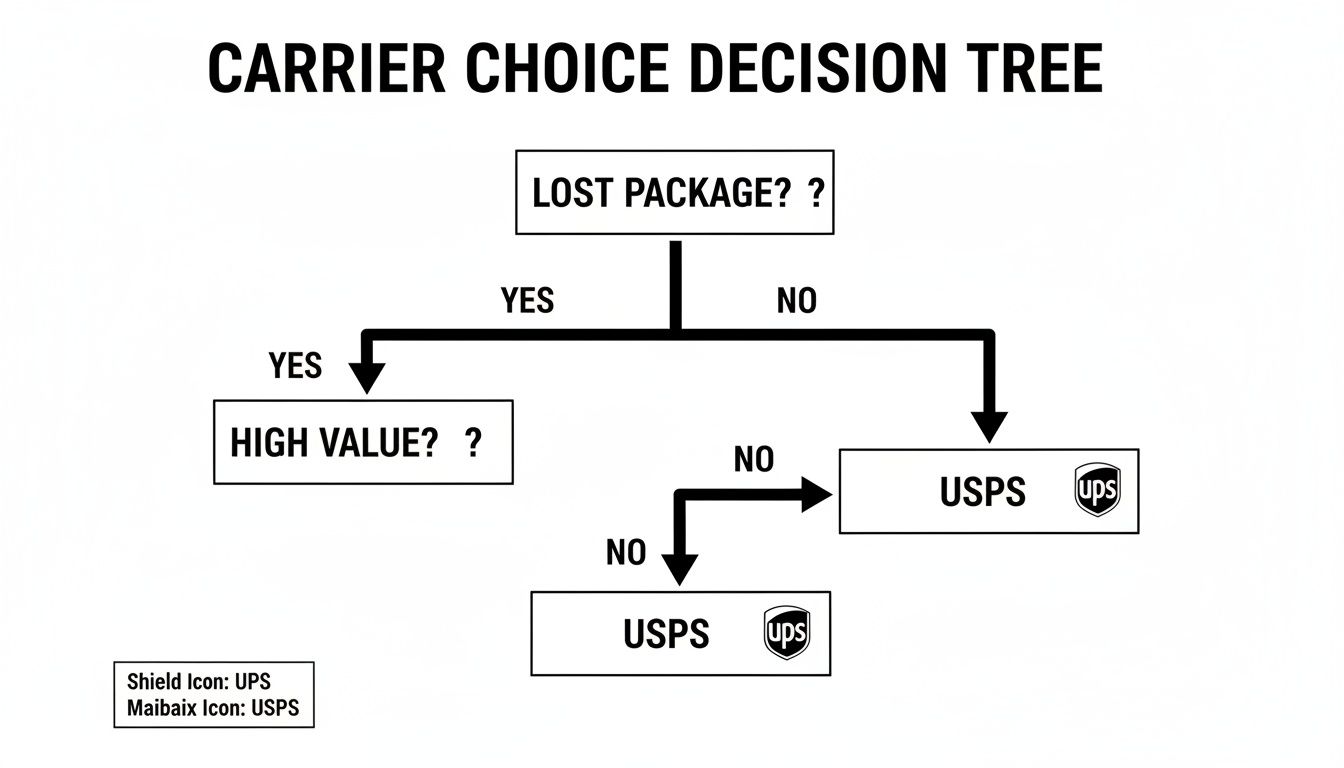 A carrier choice decision tree diagram showing options between UPS and USPS based on package loss and value.