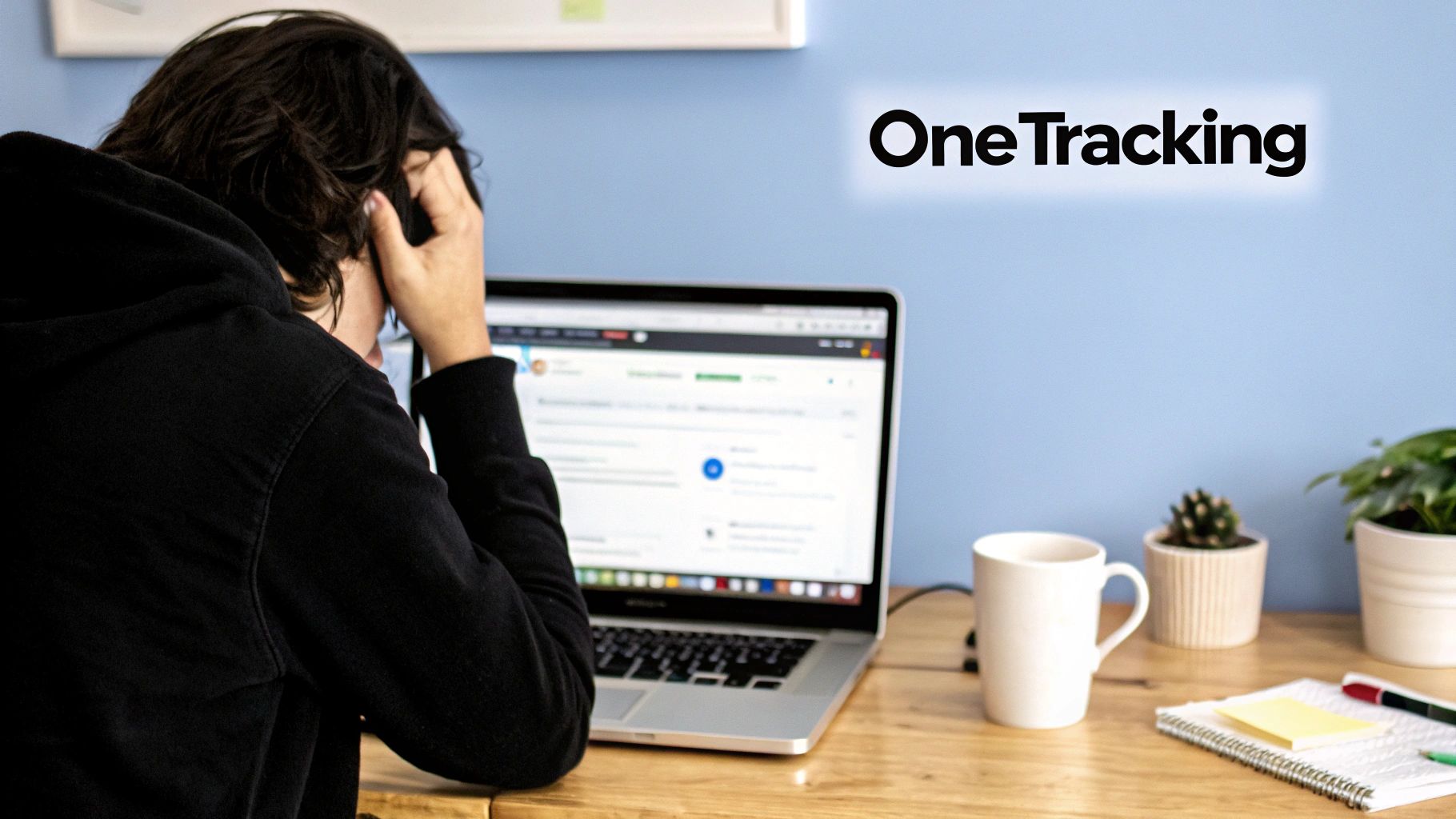 Person in a black hoodie working on a laptop with a stressful expression, 'OneTracking' visible on wall.