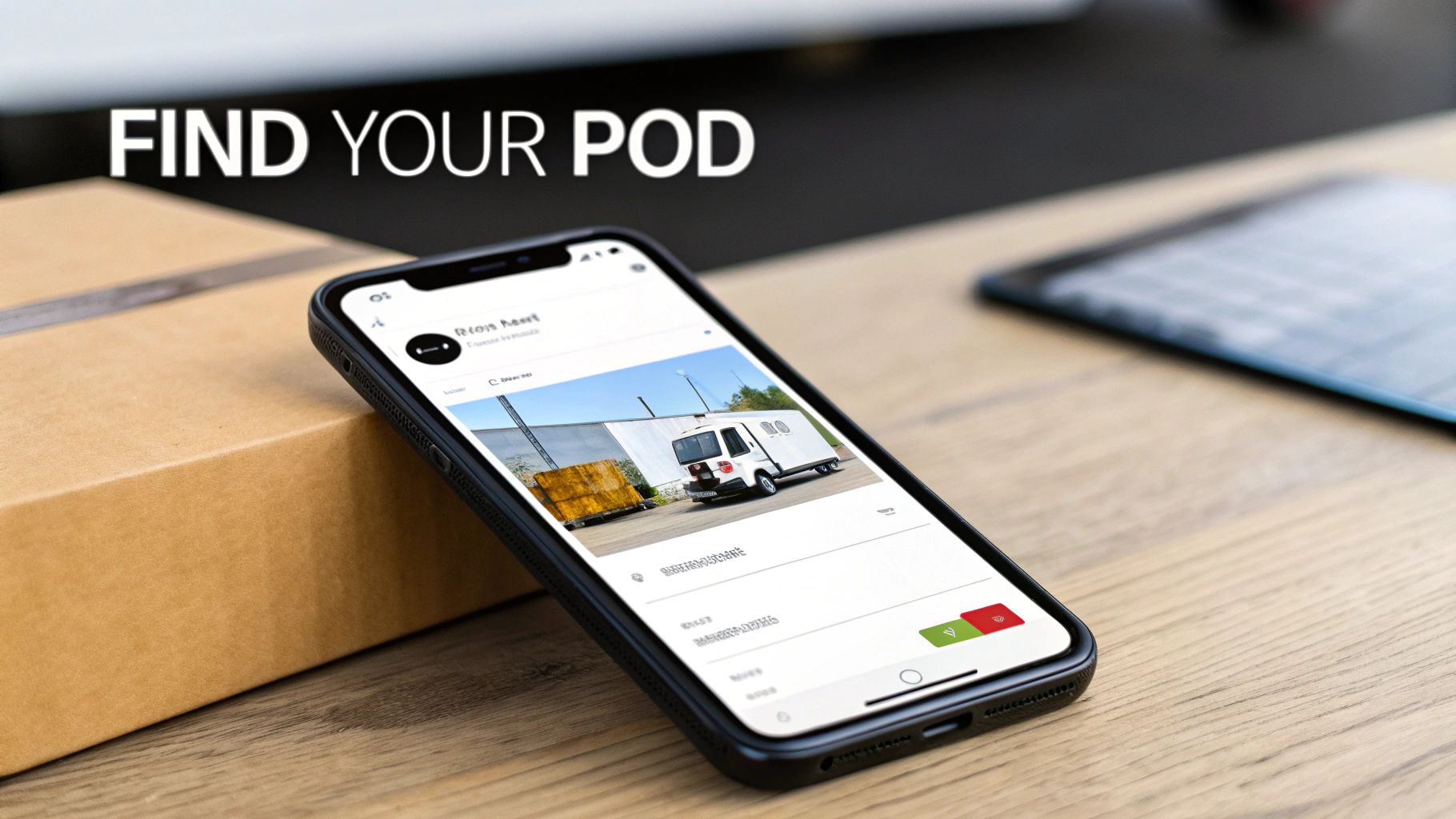 Smartphone displaying a logistics app with a white delivery van and trailer, next to a cardboard box and 'FIND YOUR POD' text.