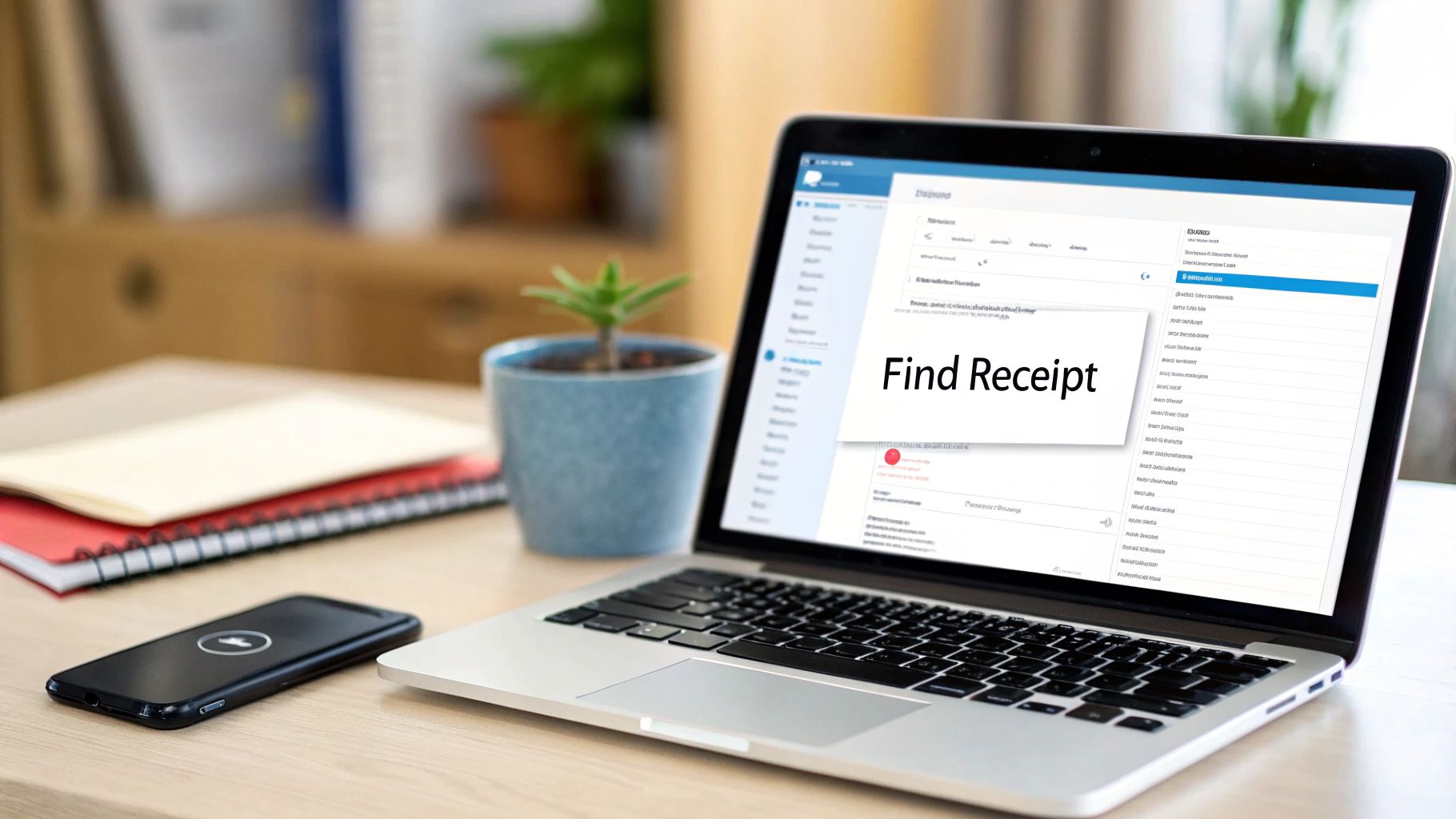 Modern workspace with a laptop displaying "Find Receipt", a smartphone, and notebooks on a wooden table.