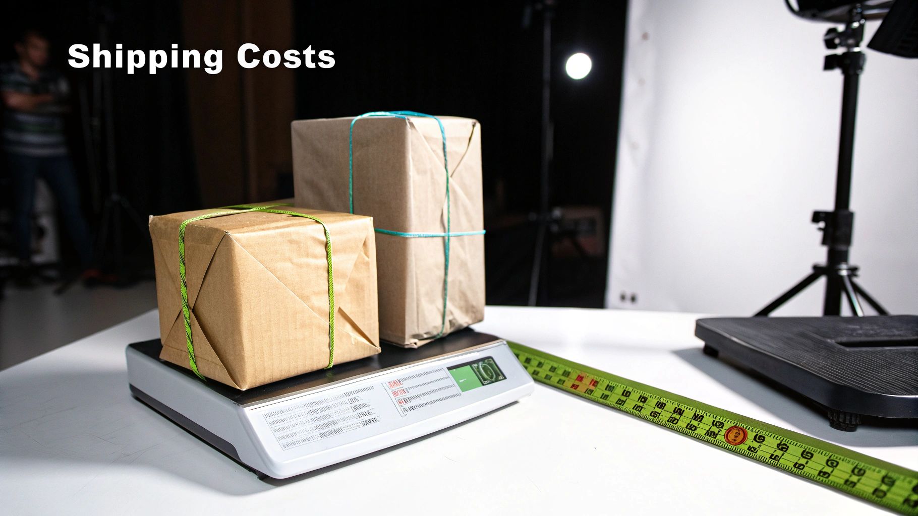 Brown packages on a digital scale with a green measuring tape for calculating shipping costs.