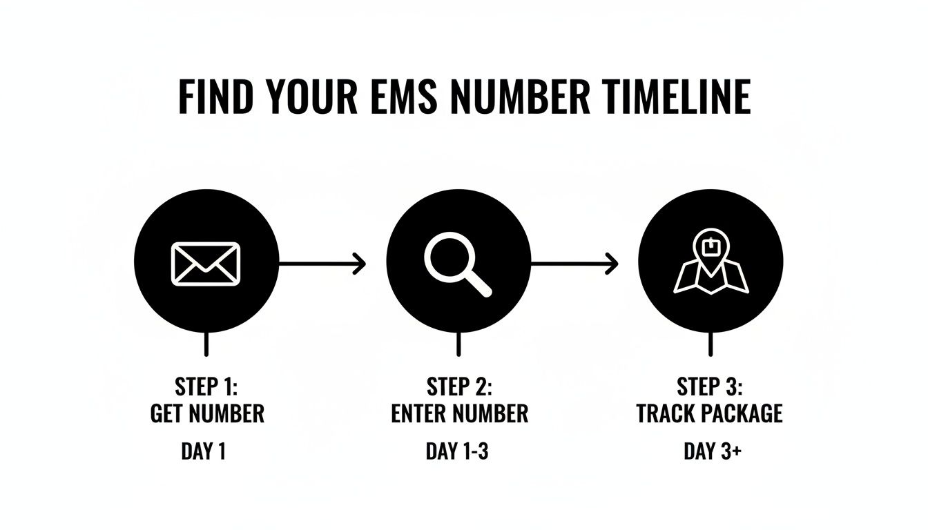 Timeline illustrating three steps to find and track your EMS international mail number and package.