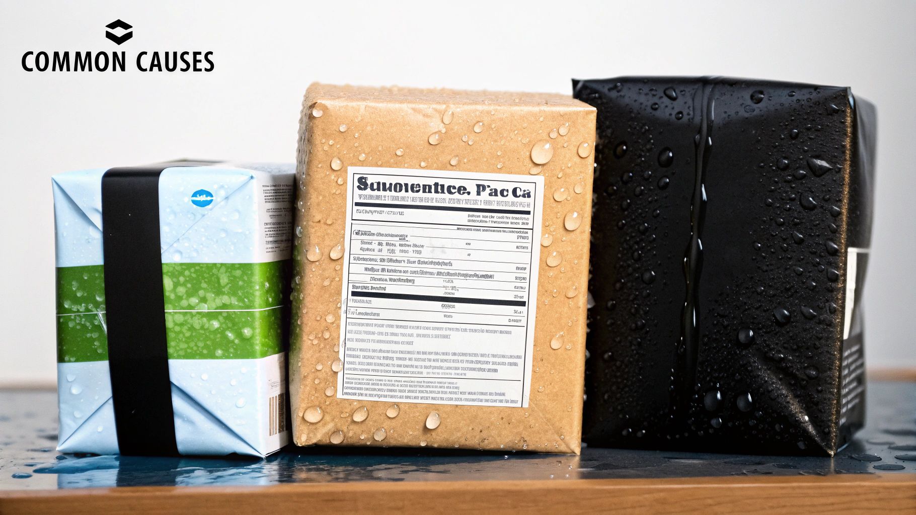 Wet shipping packages, blue, brown, and black, demonstrating water resistance or a wet environment.