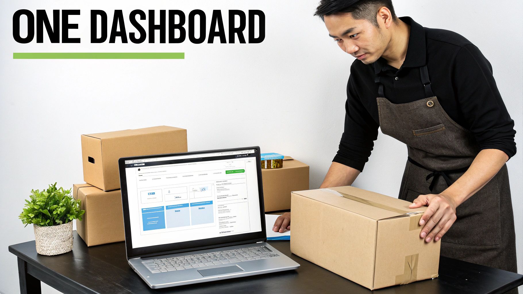 A man in an apron prepares a package for shipping next to a laptop displaying a universal tracking dashboard.