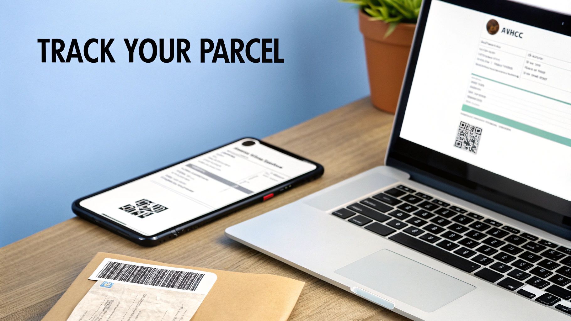 A person tracking a parcel on a laptop and smartphone with a physical package.
