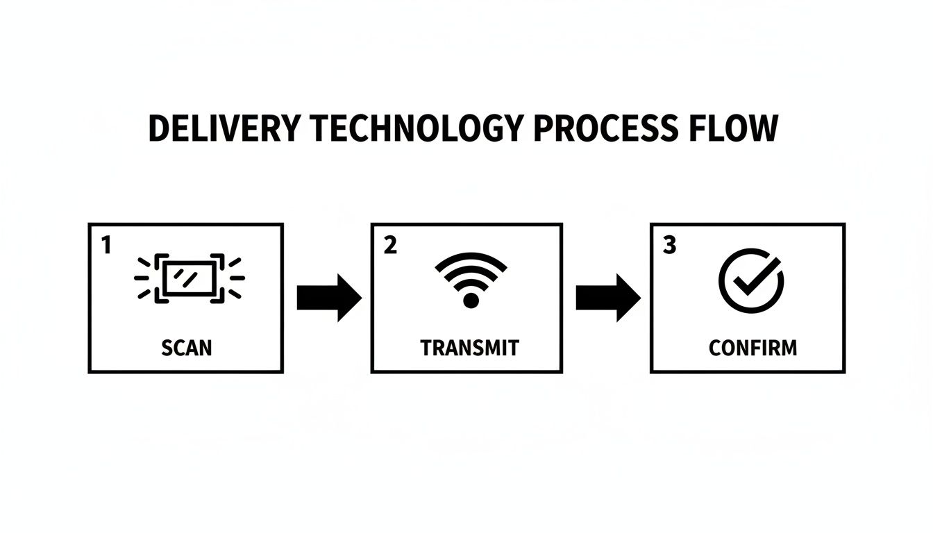 A three-step delivery technology process flow diagram showing scan, transmit, and confirm with icons.