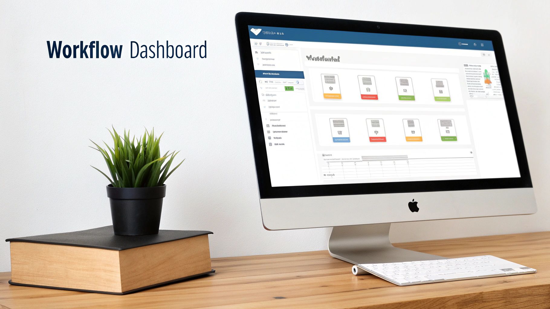 A modern office desk setup with an Apple iMac displaying a workflow dashboard, a plant, and a book.