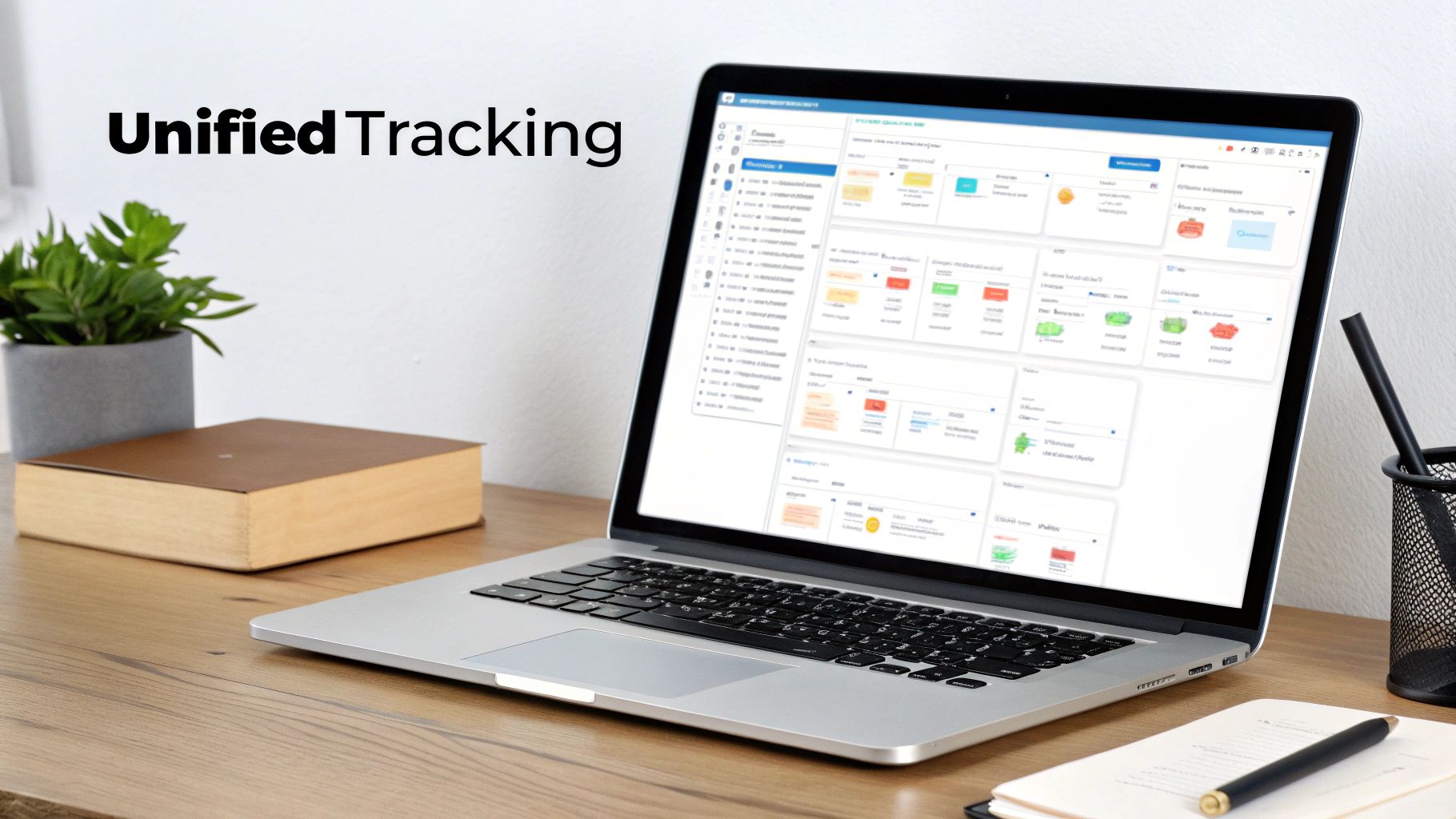 A laptop on a wooden desk displays a 'Unified Tracking' interface with data, next to a plant and a book.