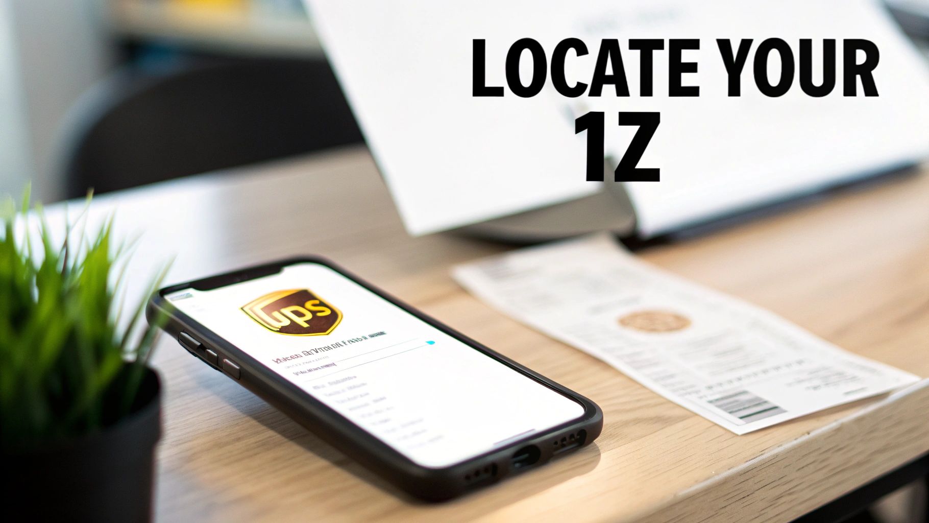 A smartphone displays the UPS logo and tracking interface on a desk, with a receipt and text overlay 'LOCATE YOUR 1Z'.