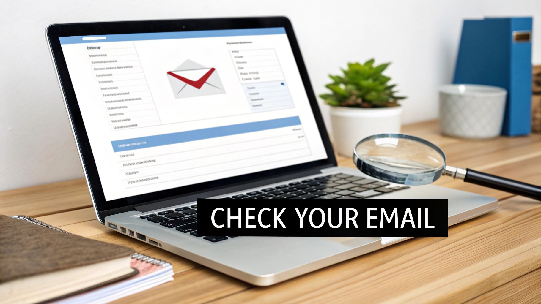 Laptop with an email interface showing a checkmark envelope, a magnifying glass, and 'CHECK YOUR EMAIL' text.