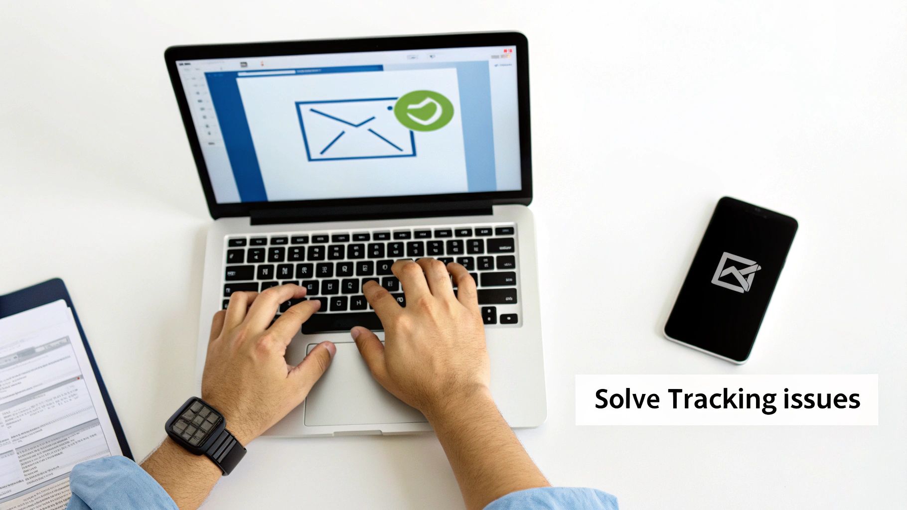 Hands typing on a laptop showing an email tracking success, with a smartphone and documents nearby.