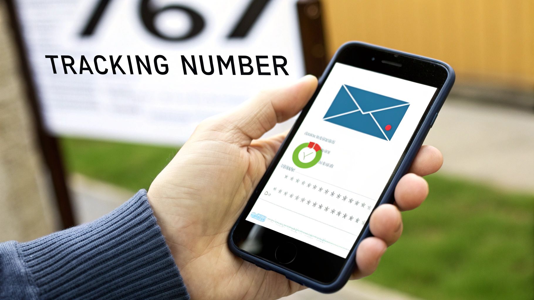 A hand holds a smartphone displaying a mail tracking application with 'TRACKING NUMBER' in the background.