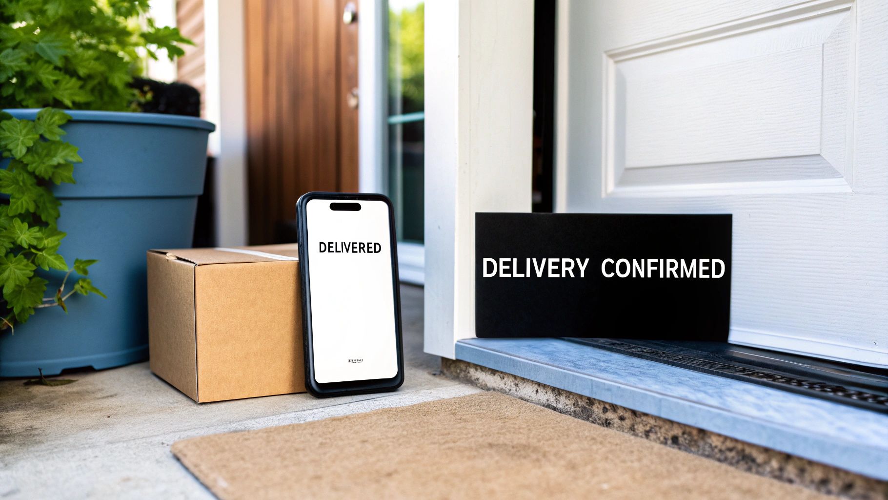 A package, smartphone displaying 'DELIVERED', and a 'DELIVERY CONFIRMED' sign on a front porch.