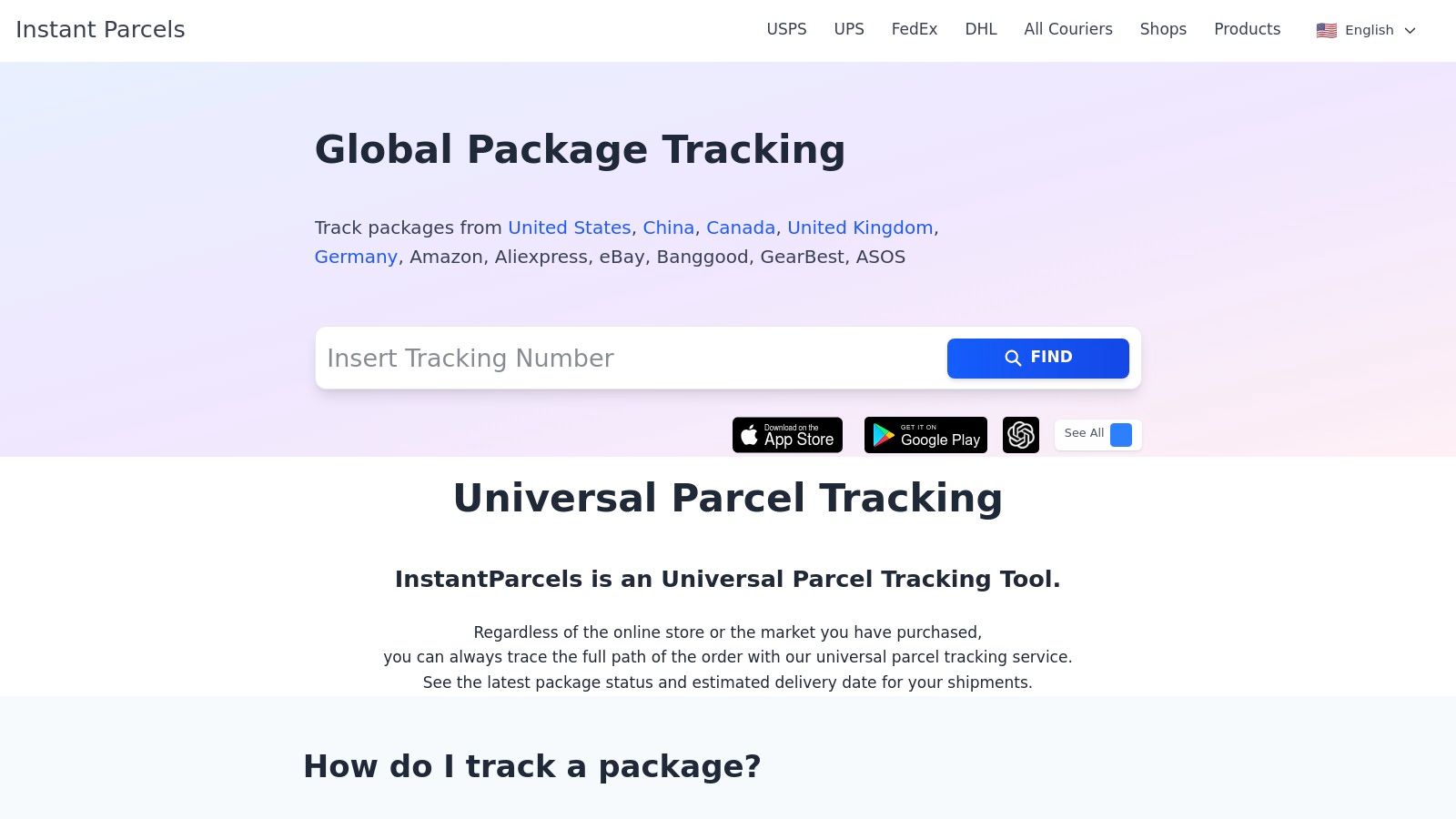 Instant Parcels dashboard showing multiple package tracking statuses