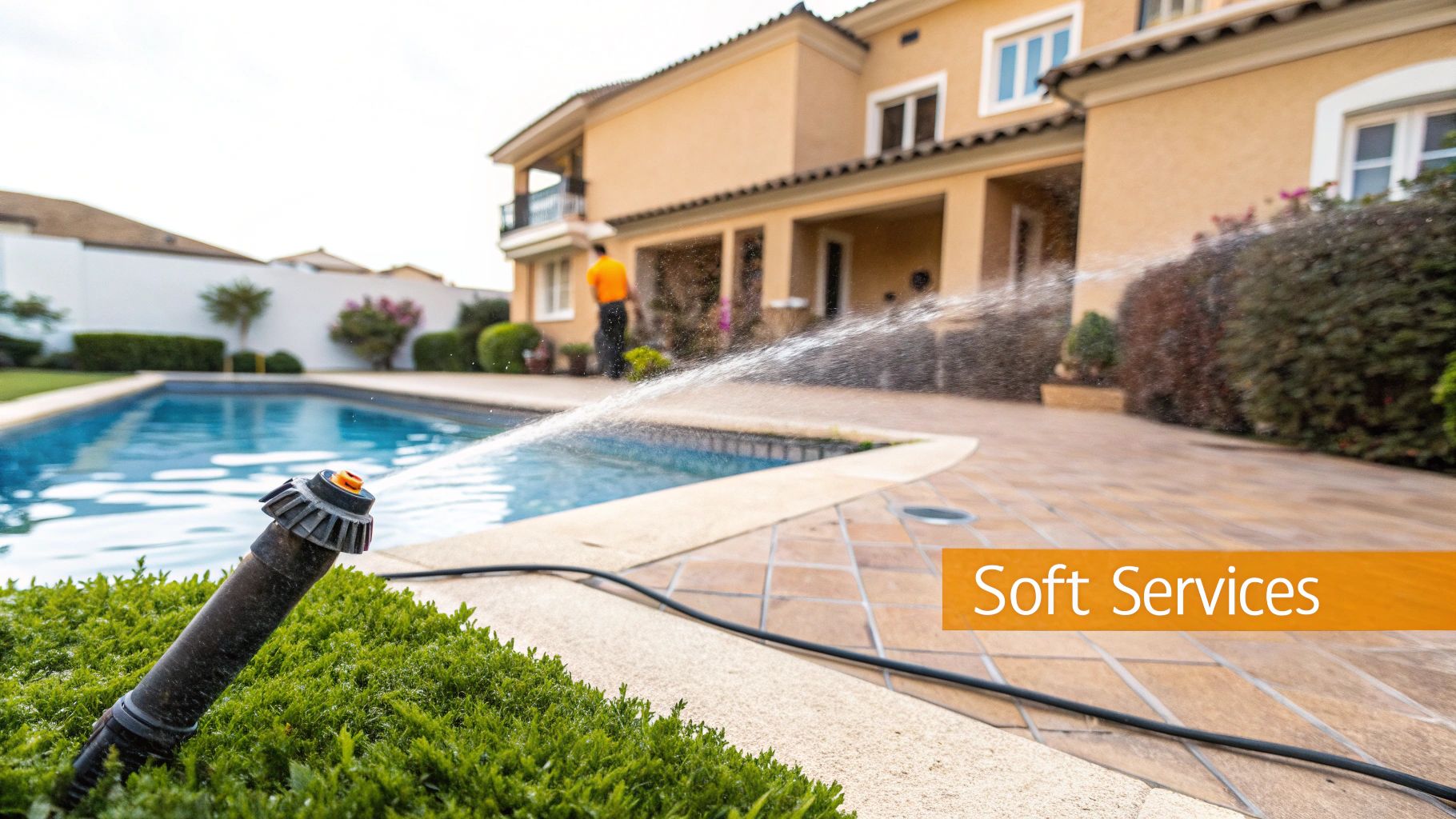 A man waters a lush green garden with a sprinkler next to a blue swimming pool and a large villa.