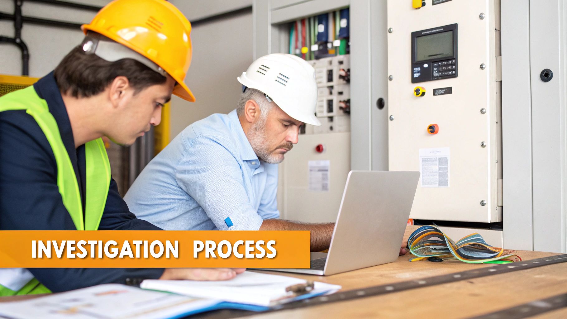 Two engineers in hard hats reviewing data on a laptop, conducting an investigation process in an industrial setting.