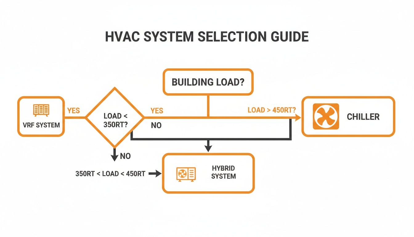 Flowchart guiding HVAC system selection based on building load, comparing VRF, Hybrid, and Chiller options.