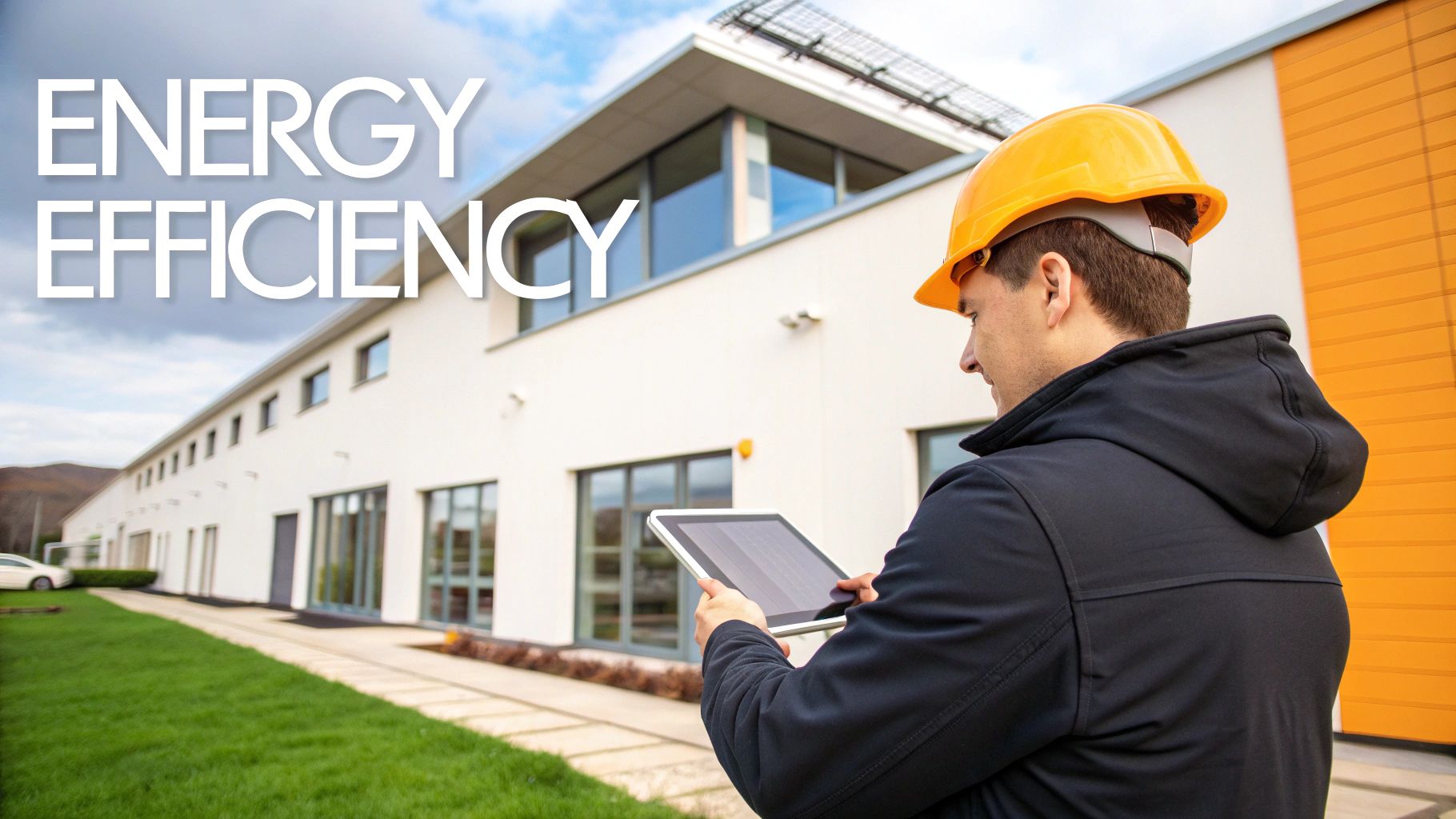 Engineer in a hard hat inspecting a modern, energy-efficient building with solar panels.