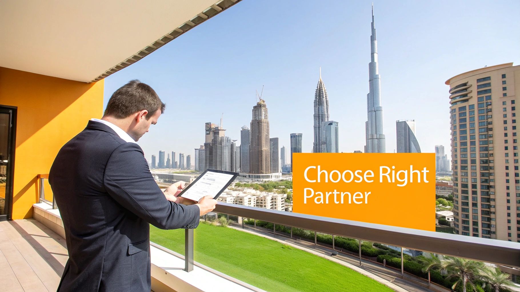 Man on a balcony overlooking Dubai city, holding a tablet, with "Choose Right Partner" overlay.