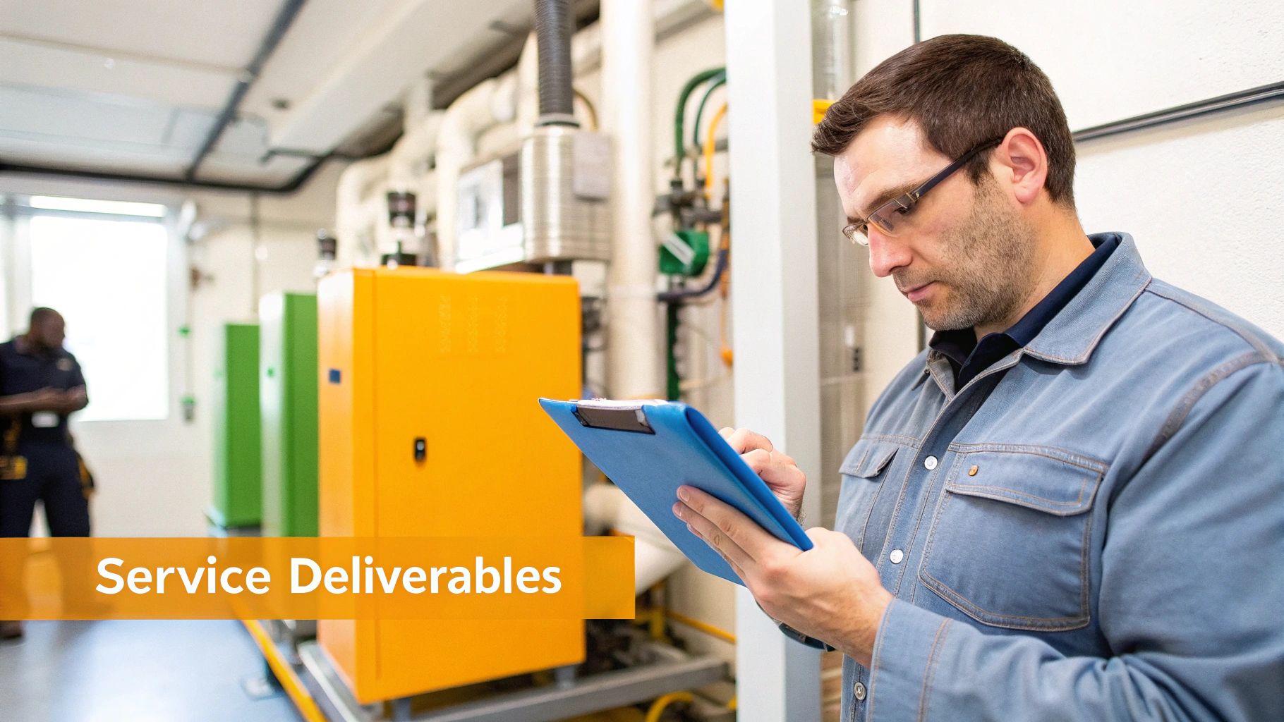 A man in a blue work jacket and glasses writes on a clipboard in an industrial setting.