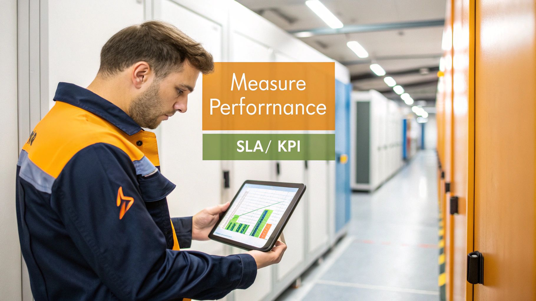 A technician measures performance on a tablet in a data center, with 'SLA / KPI' text overlay.