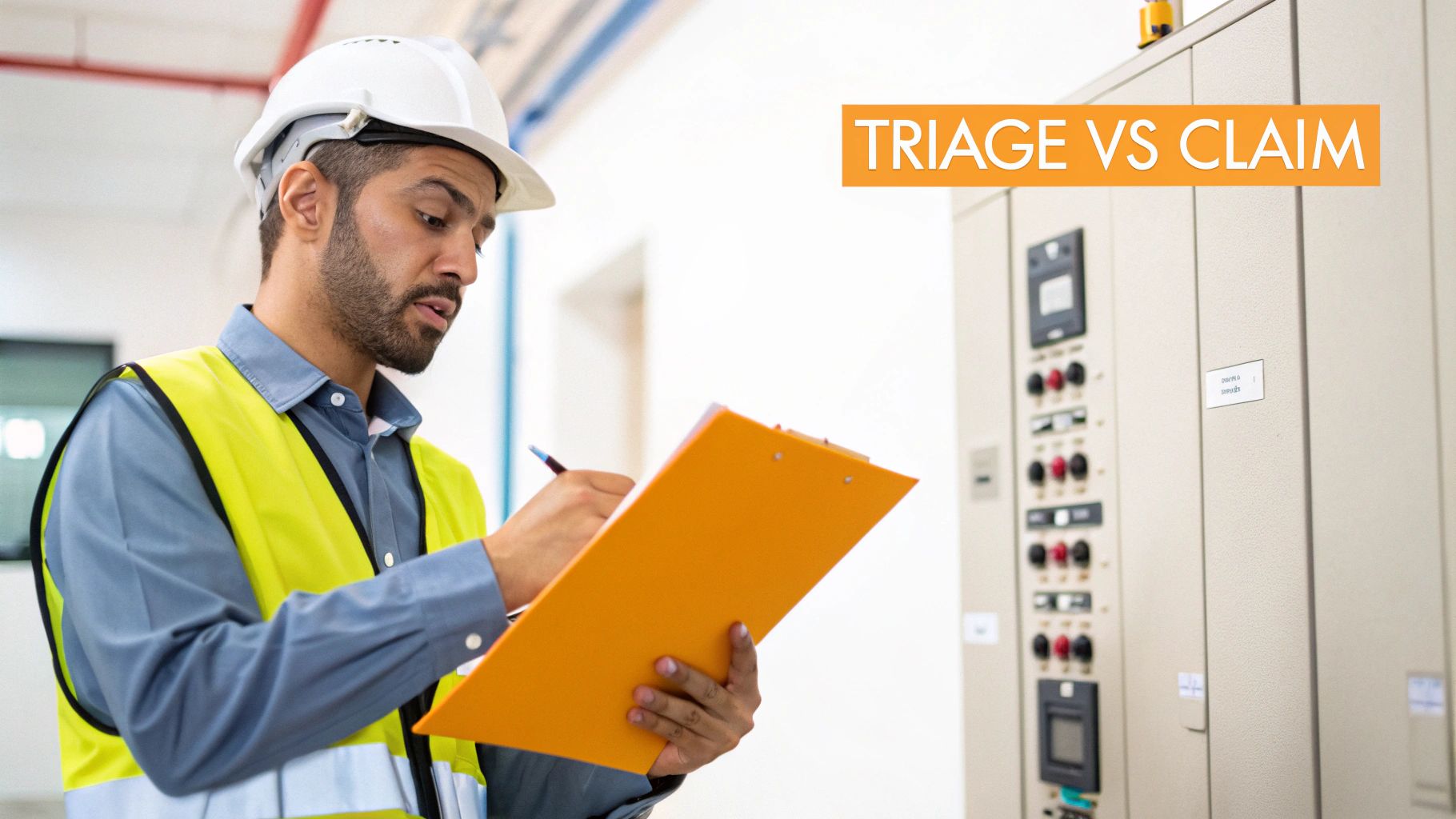 An engineer in a hard hat and safety vest writes on a clipboard next to an industrial control panel, with text 'TRIAGE VS CLAIM'.