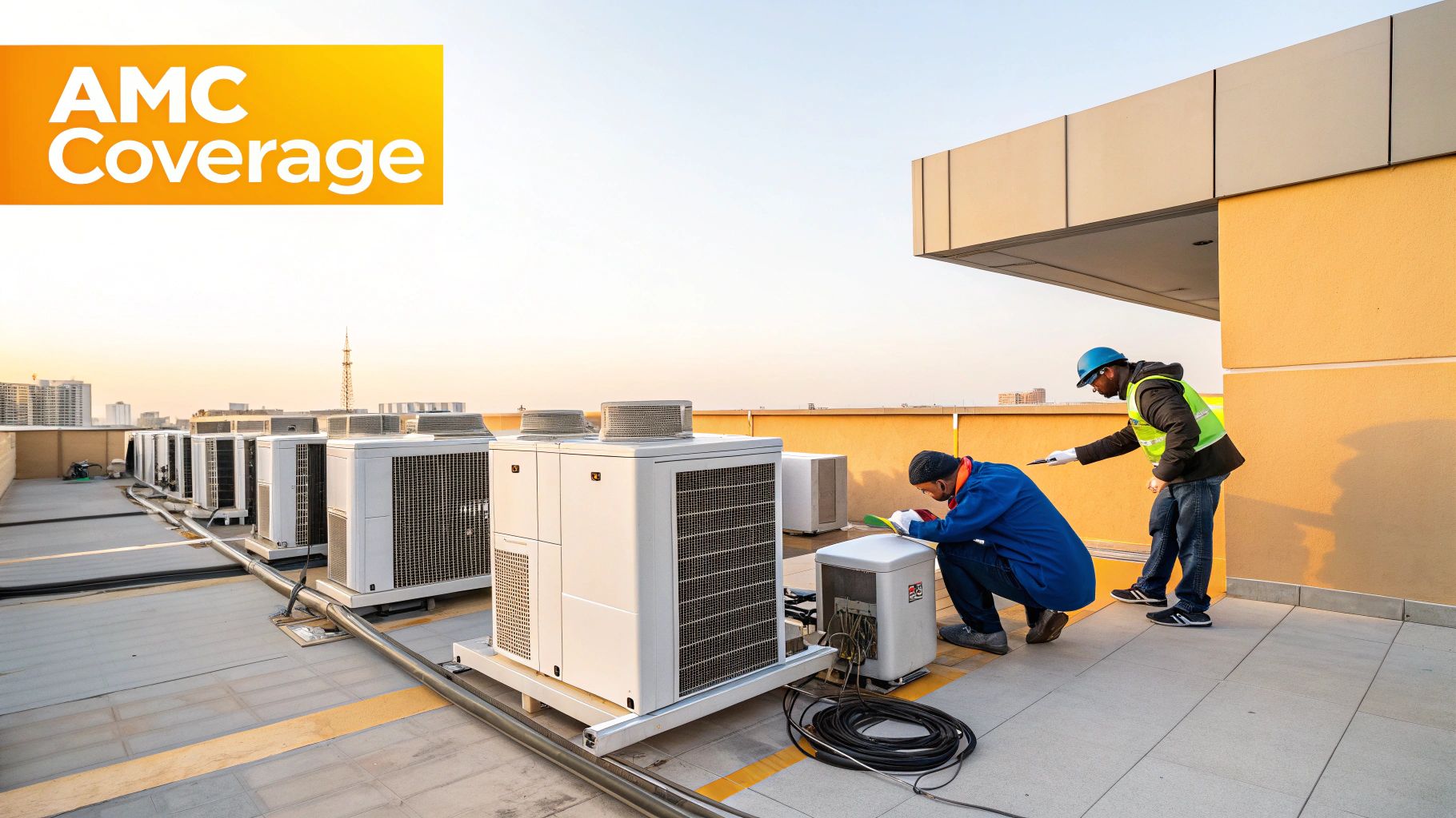 Two technicians inspect and maintain multiple HVAC units on a rooftop, symbolizing AMC coverage.