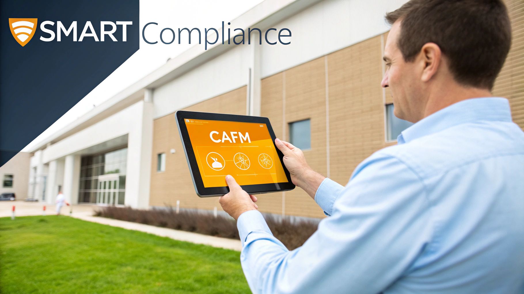 Man using a tablet with CAFM software for smart facility management outside a modern building.
