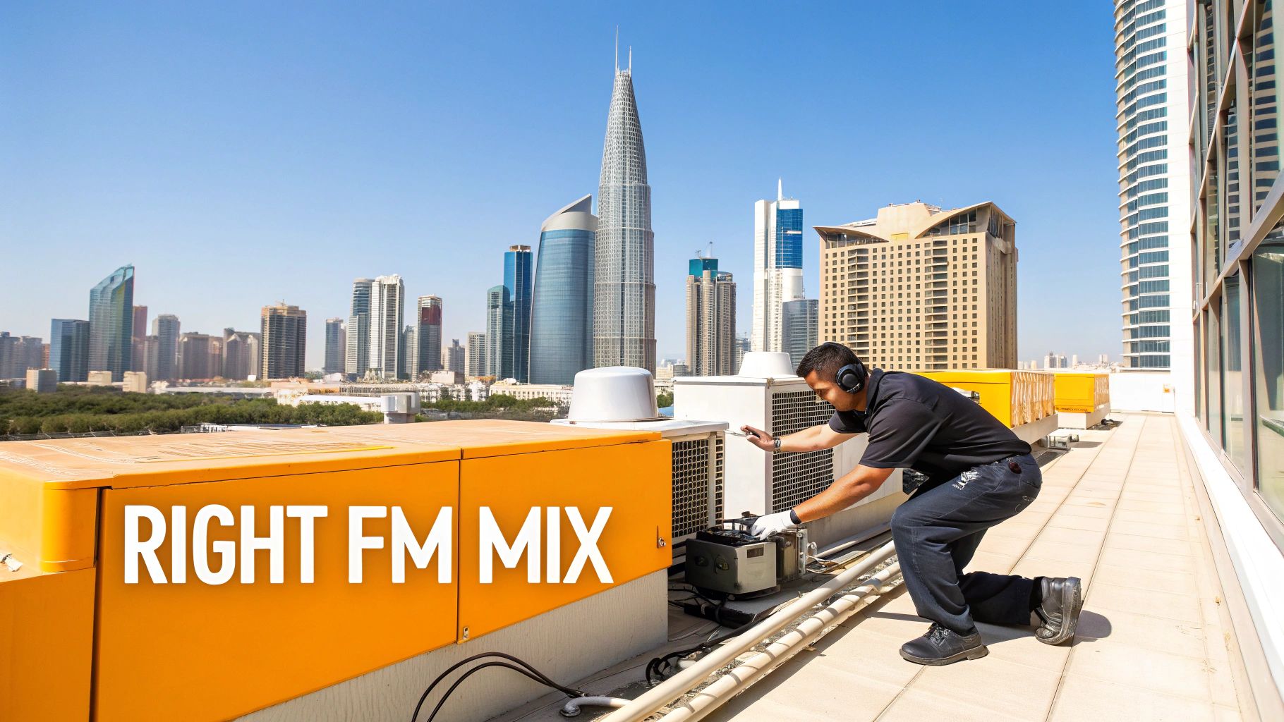 A technician wearing headphones and gloves works on rooftop HVAC units with a city skyline.