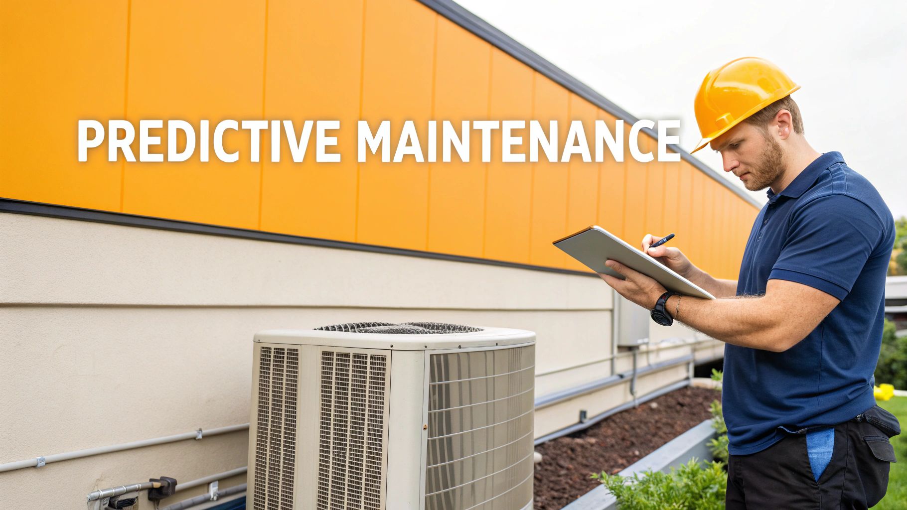 A technician in a hard hat inspects an outdoor HVAC unit, with 'PREDICTIVE MAINTENANCE' text.