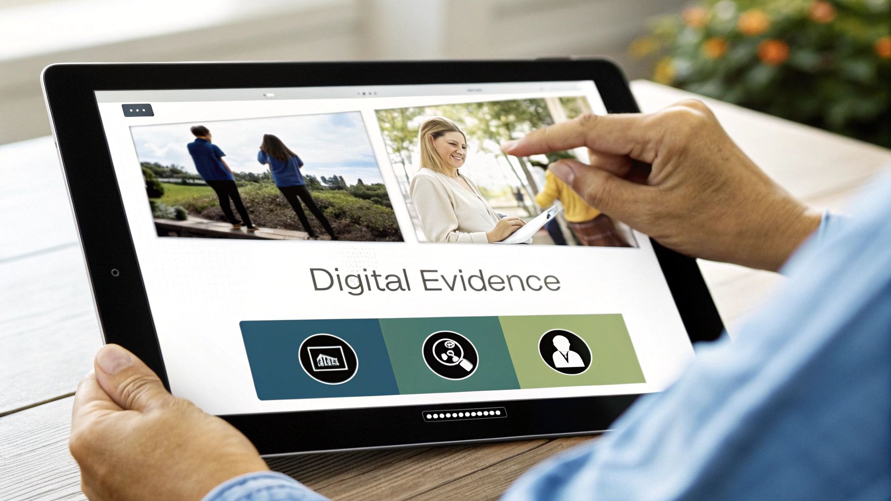 A person's hands interact with a tablet displaying 'Digital Evidence' and related icons, with images of people above.
