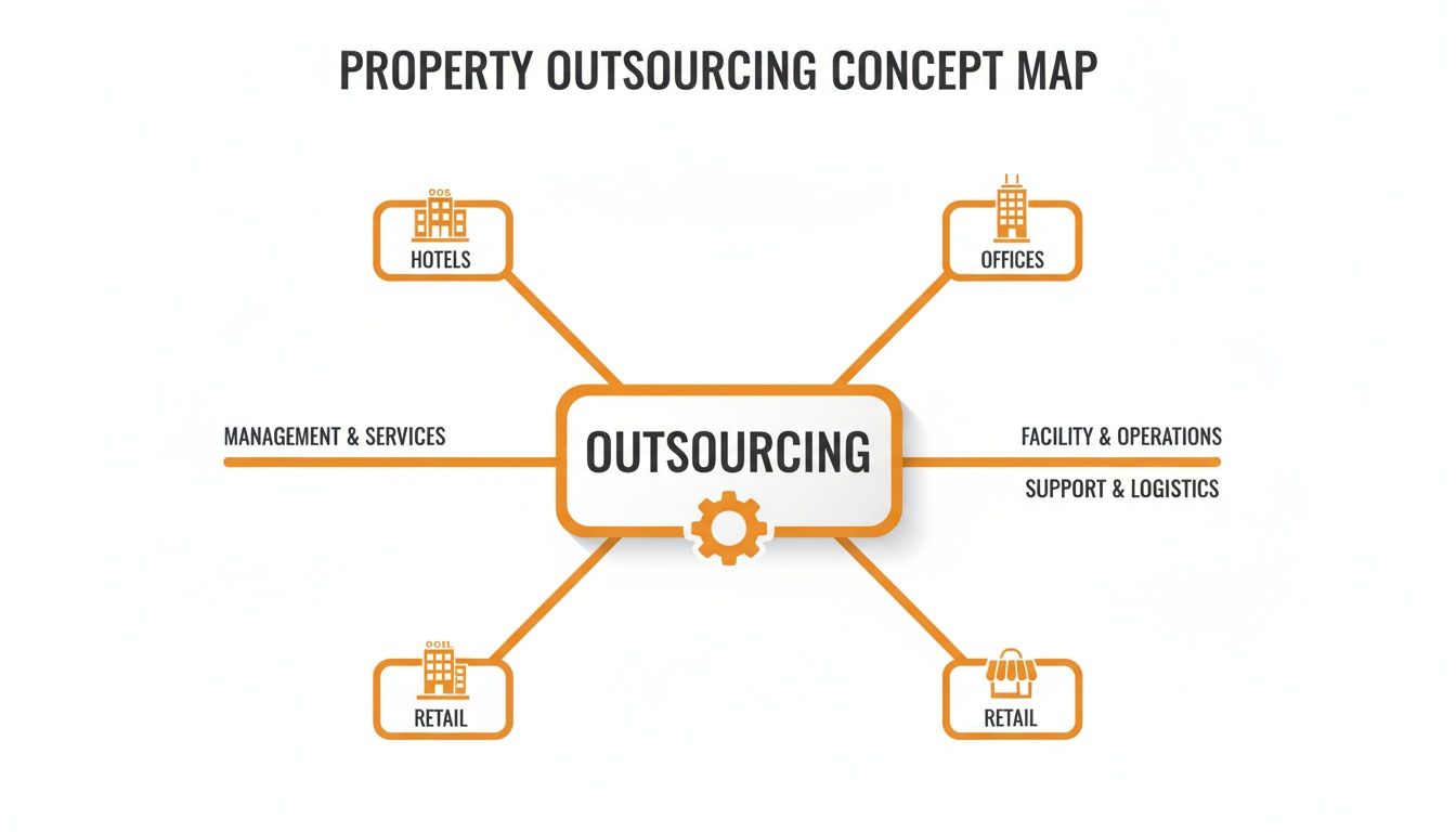 A concept map illustrating property outsourcing, connecting services to hotels, offices, and retail properties.