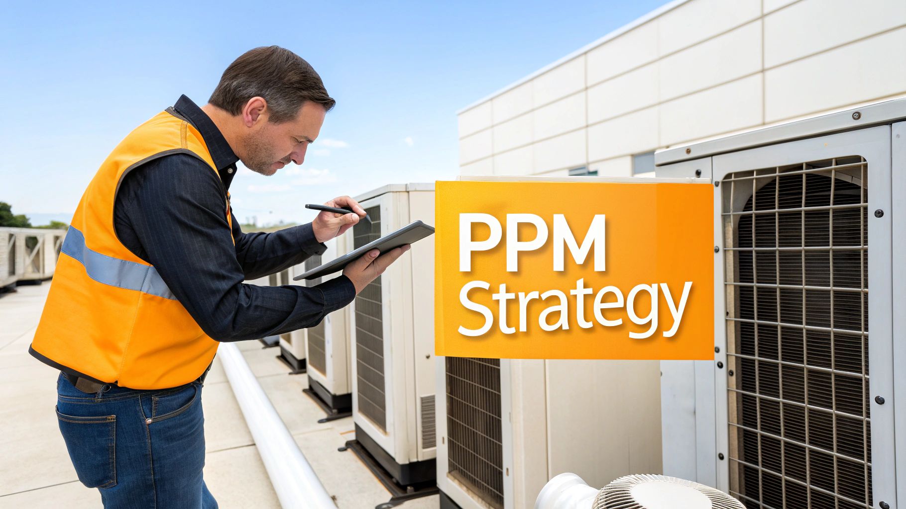 A technician in a safety vest inspects rooftop HVAC units using a tablet for PPM strategy.