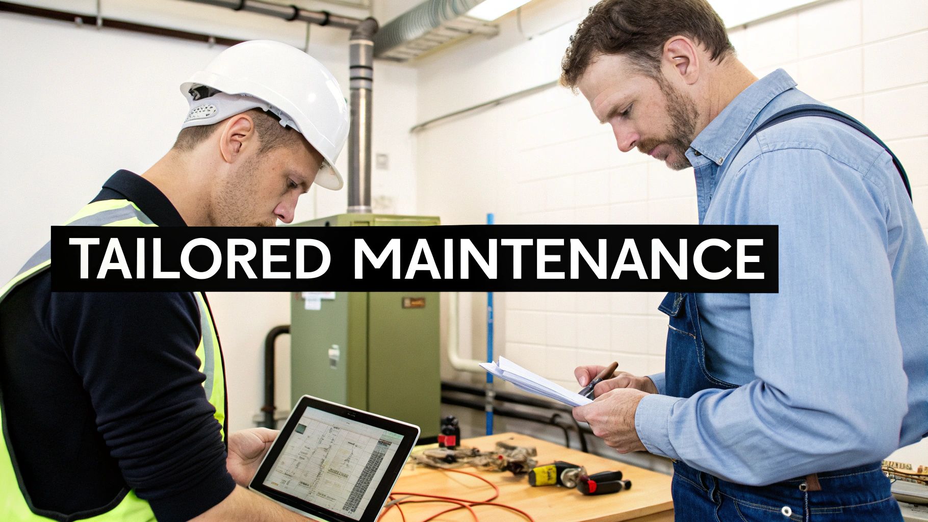 Two maintenance technicians review plans on a tablet and clipboard in a utility room.