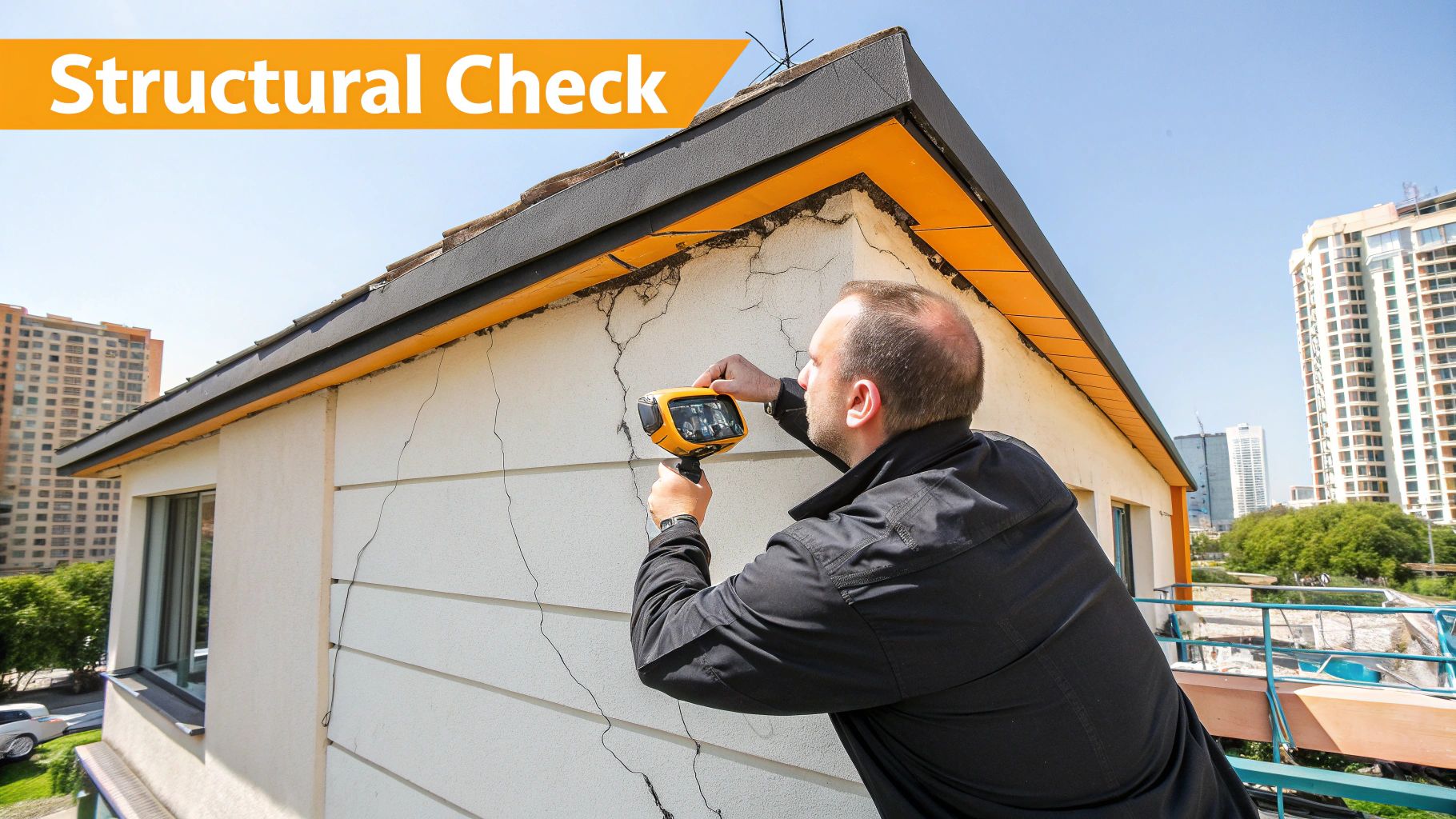 A man inspects severe cracks on a building's exterior wall with a thermal camera, performing a structural check.