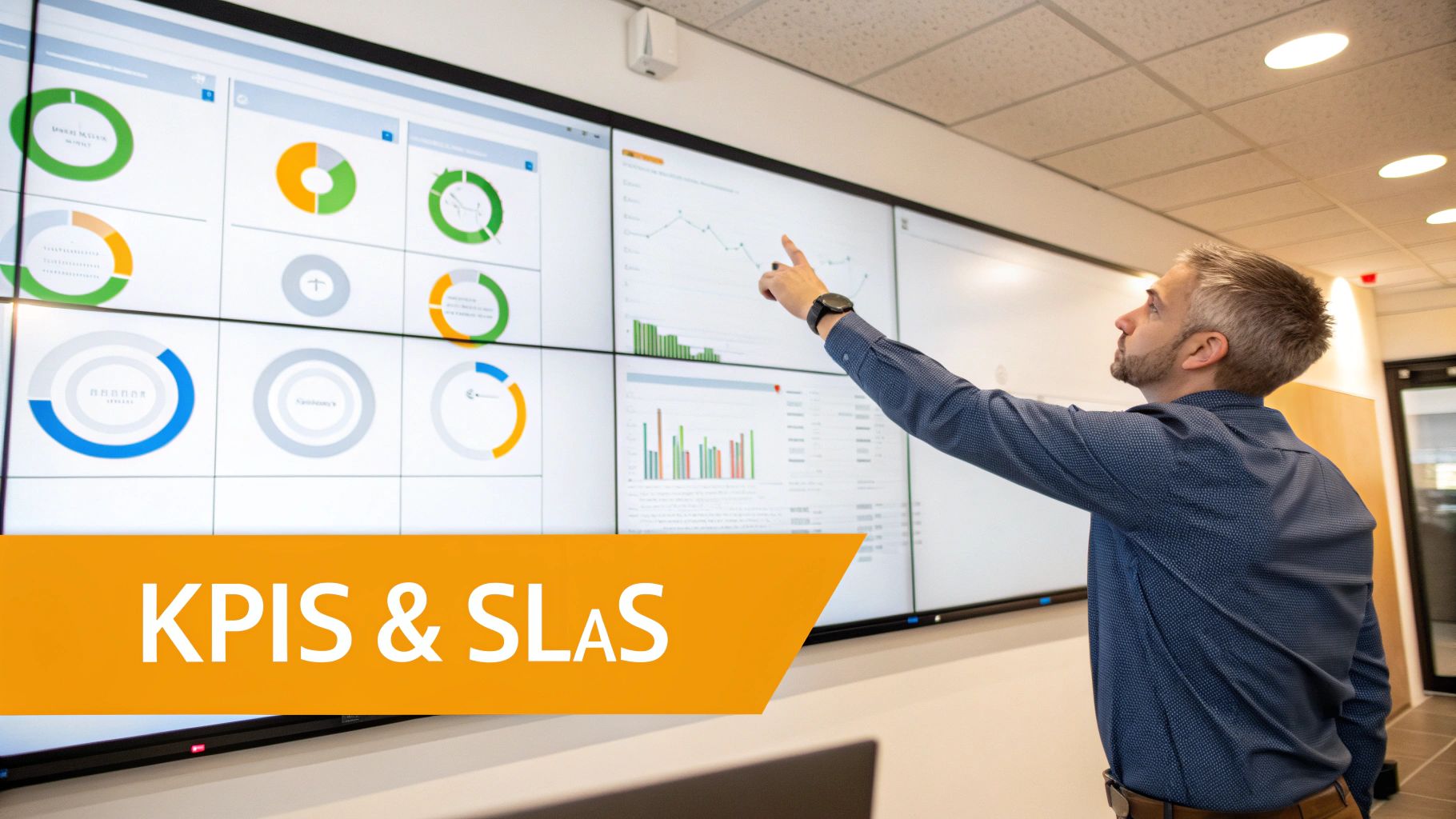 A man points at a large video wall displaying various data charts, KPIs, and SLAs in an office setting.