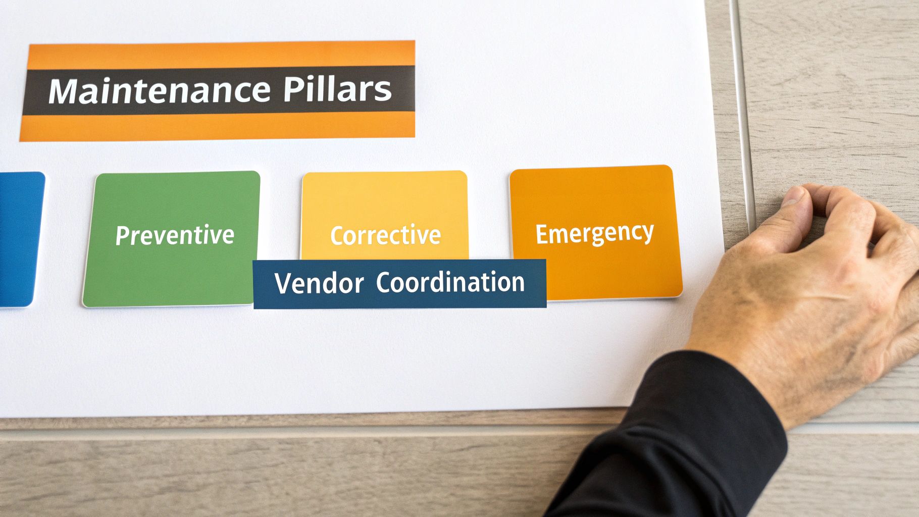 A document titled 'Maintenance Pillars' displays cards for Preventive, Corrective, and Emergency maintenance types.