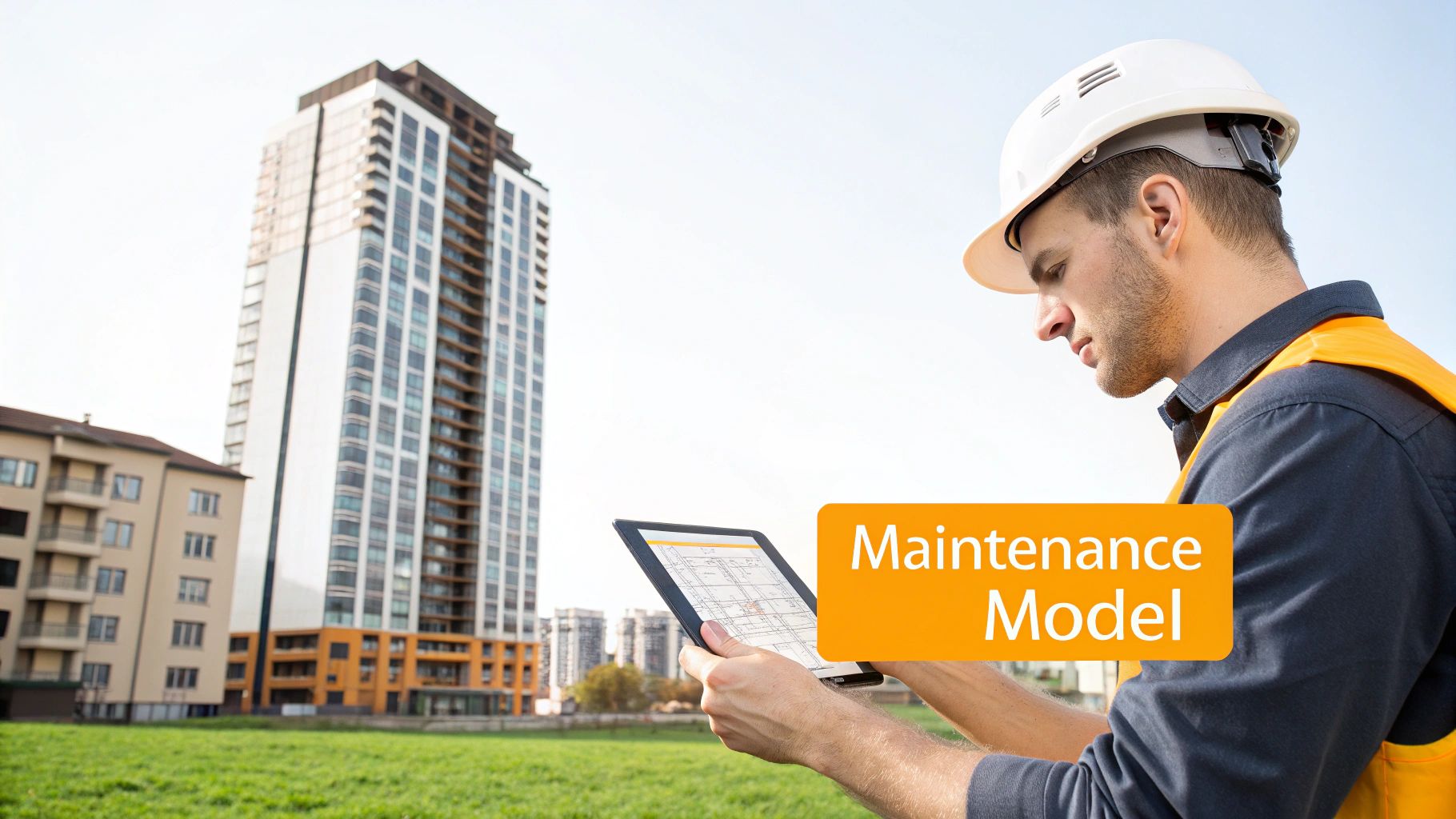 Engineer in hard hat and safety vest reviews maintenance plans on a tablet at a construction site.