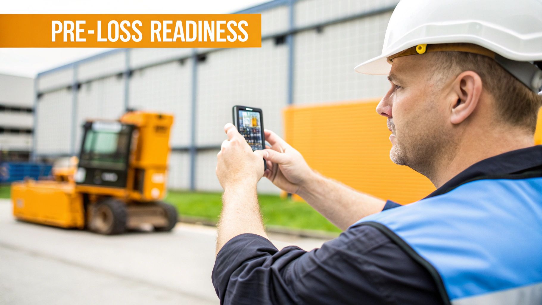A man in a hard hat photographs an industrial site with a machine for pre-loss readiness.