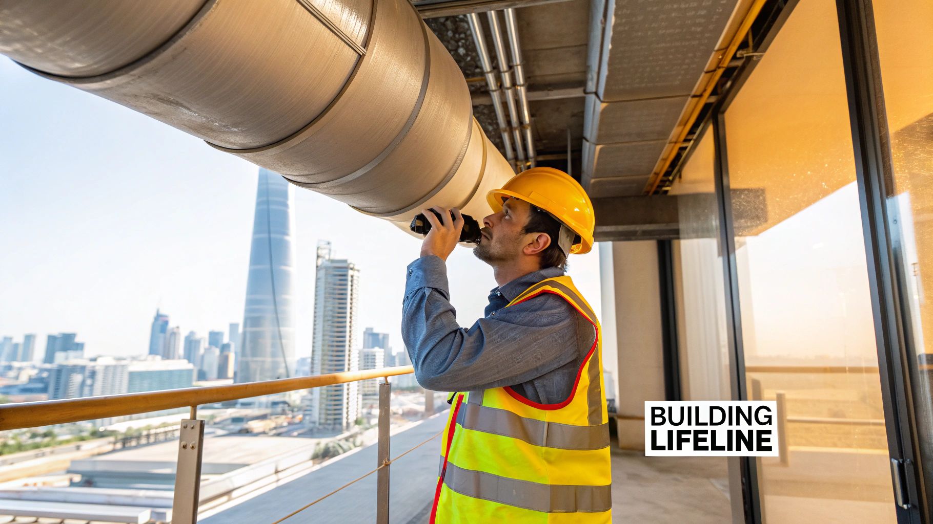 A construction worker in Dubai inspects a large overhead pipe in a building, with a city skyline view.