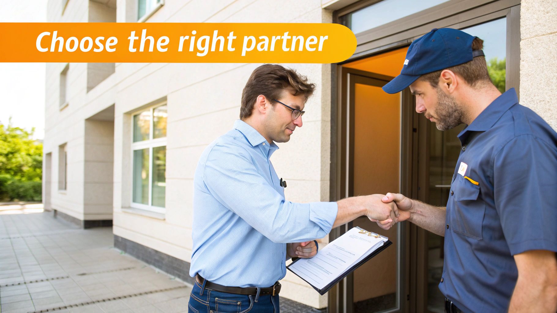 Two men, a customer and a service technician, shake hands in front of a building.