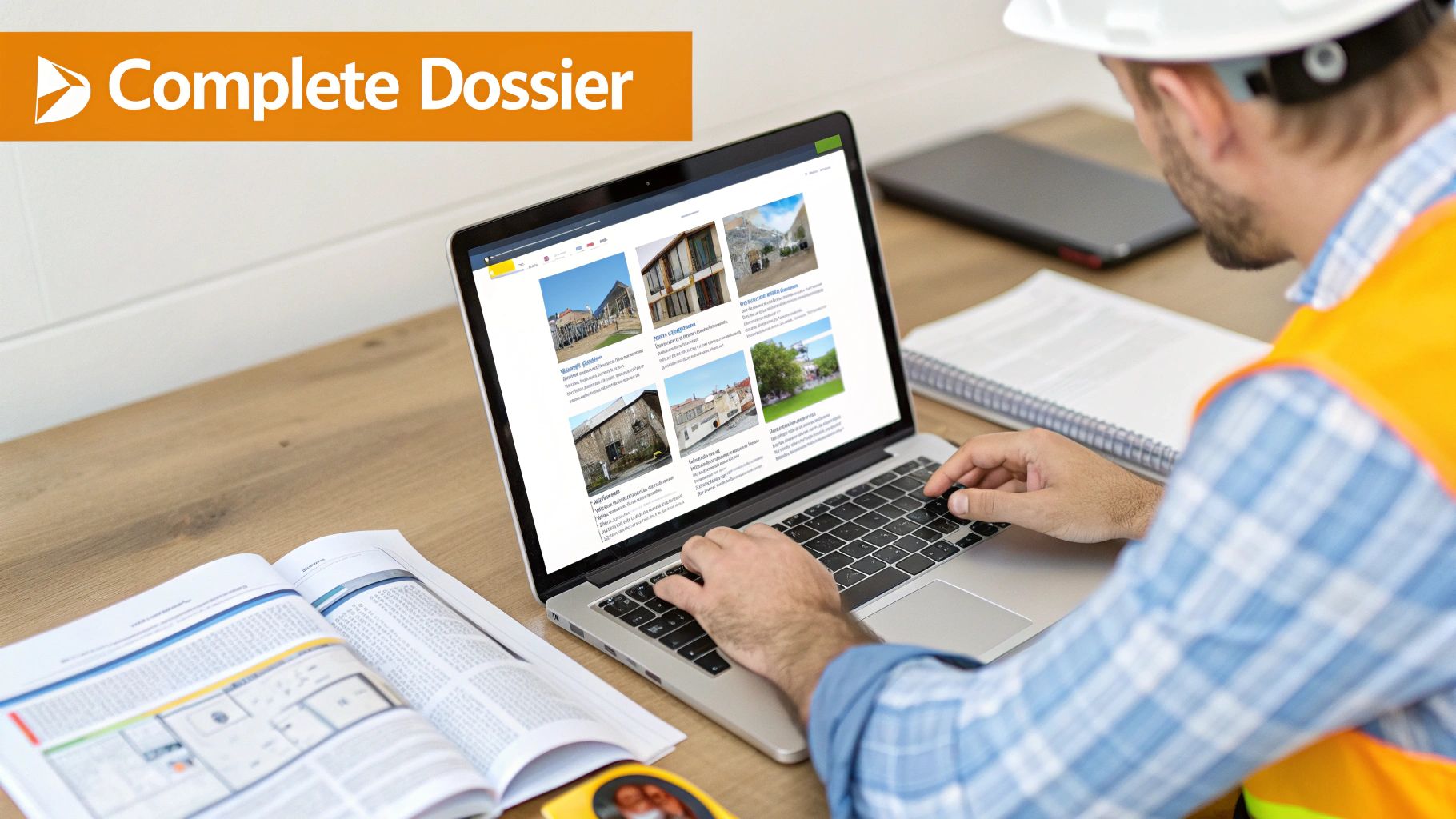 A construction professional reviews property dossiers on a laptop, showing building images and plans.