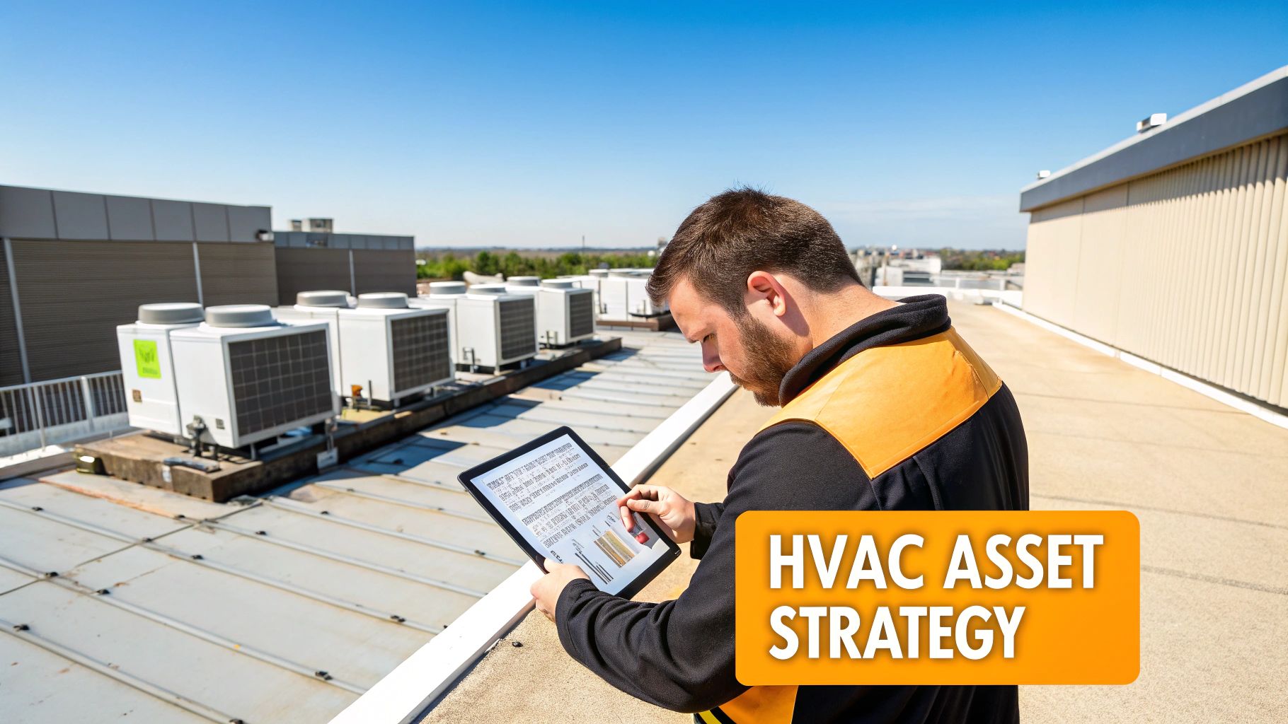 Man on a rooftop inspecting multiple HVAC units with a tablet, optimizing asset strategy.