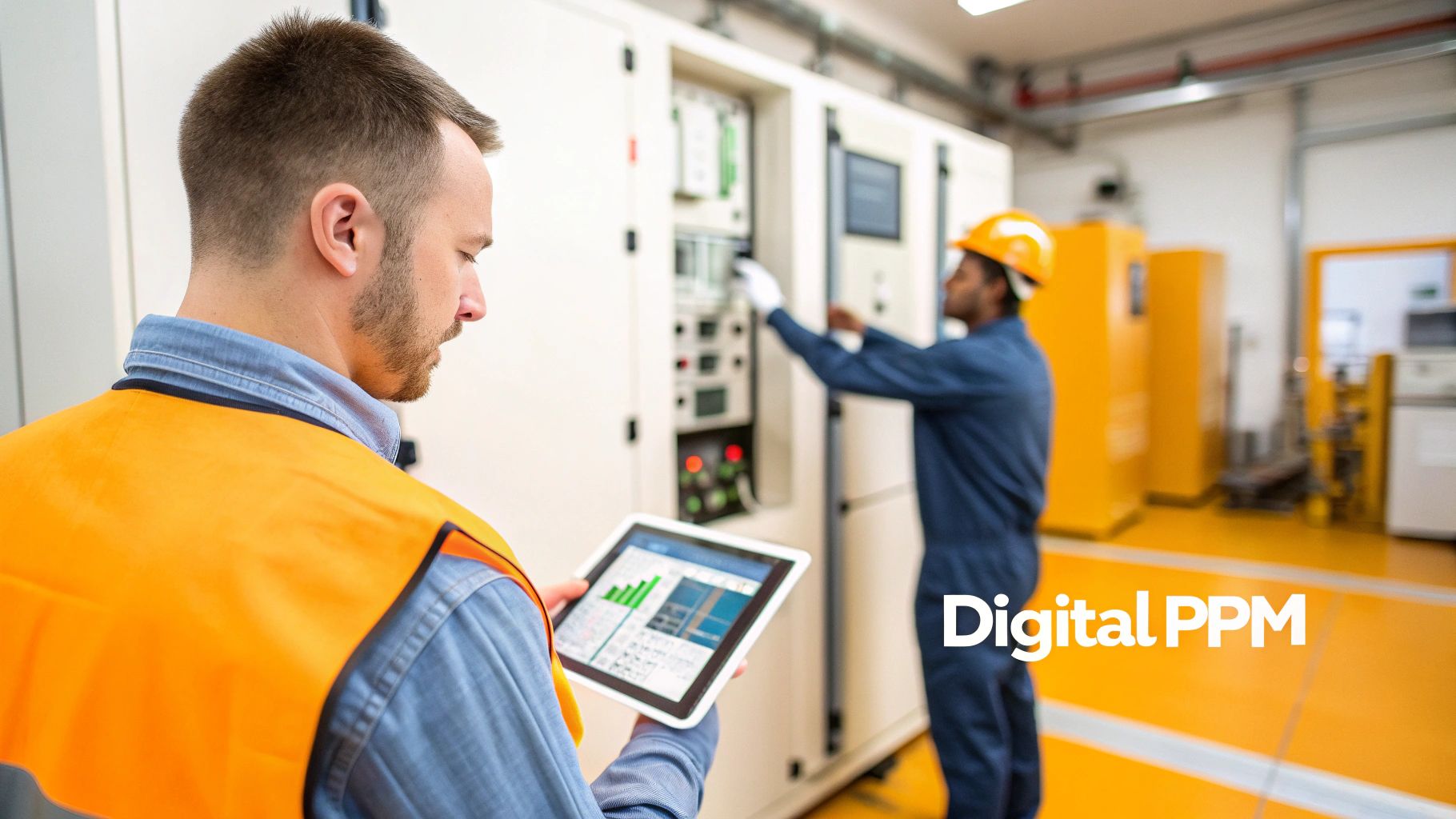 Engineers in a plant using digital tools for maintenance. One reviews data on a tablet, another services equipment.