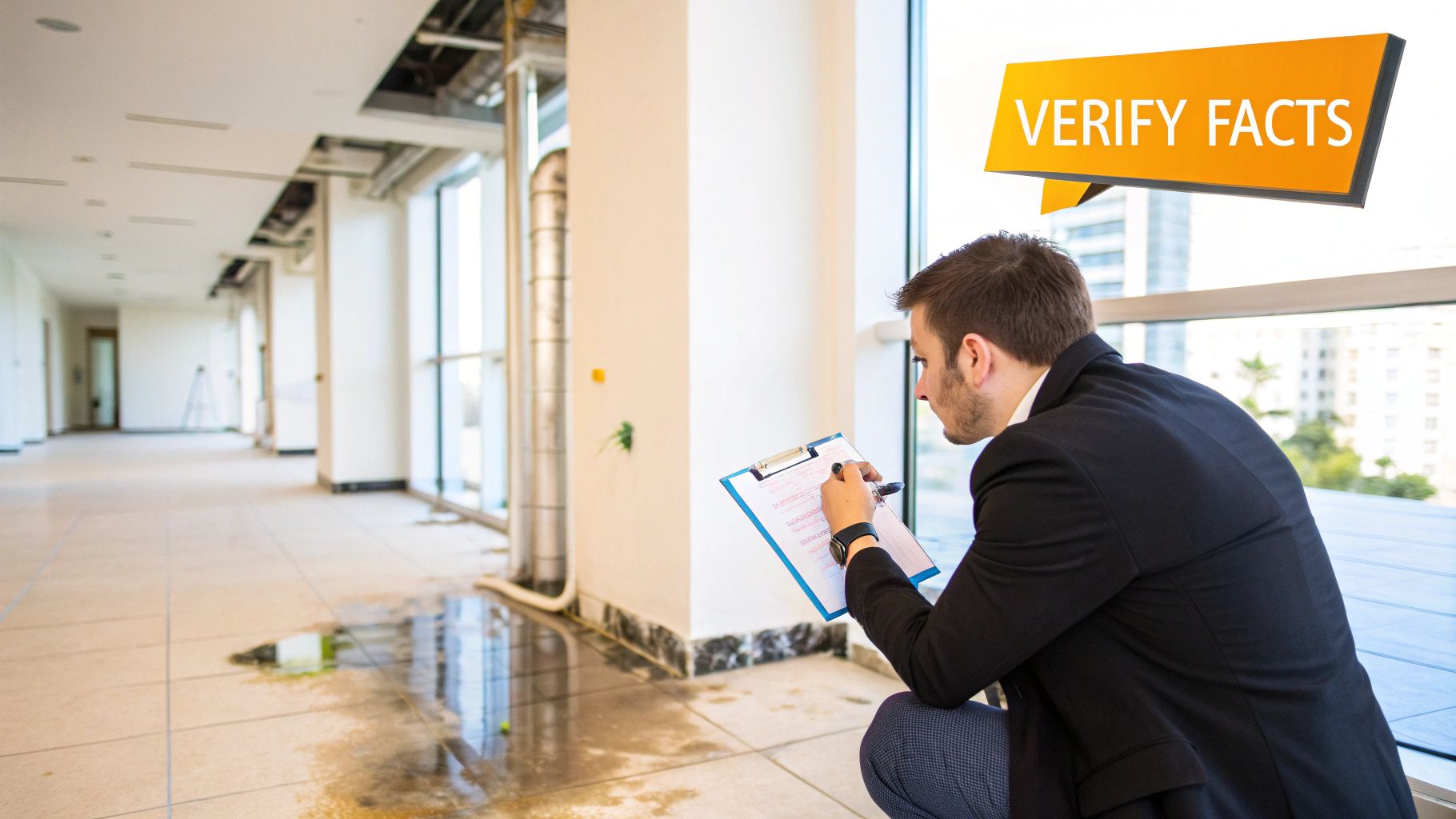 A man in a suit inspects a water-damaged floor in a building, writing on a clipboard, with a 'VERIFY FACTS' bubble.