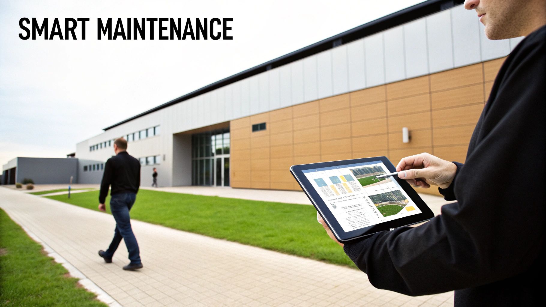 A person uses a stylus on a tablet displaying smart maintenance data outside a modern building.