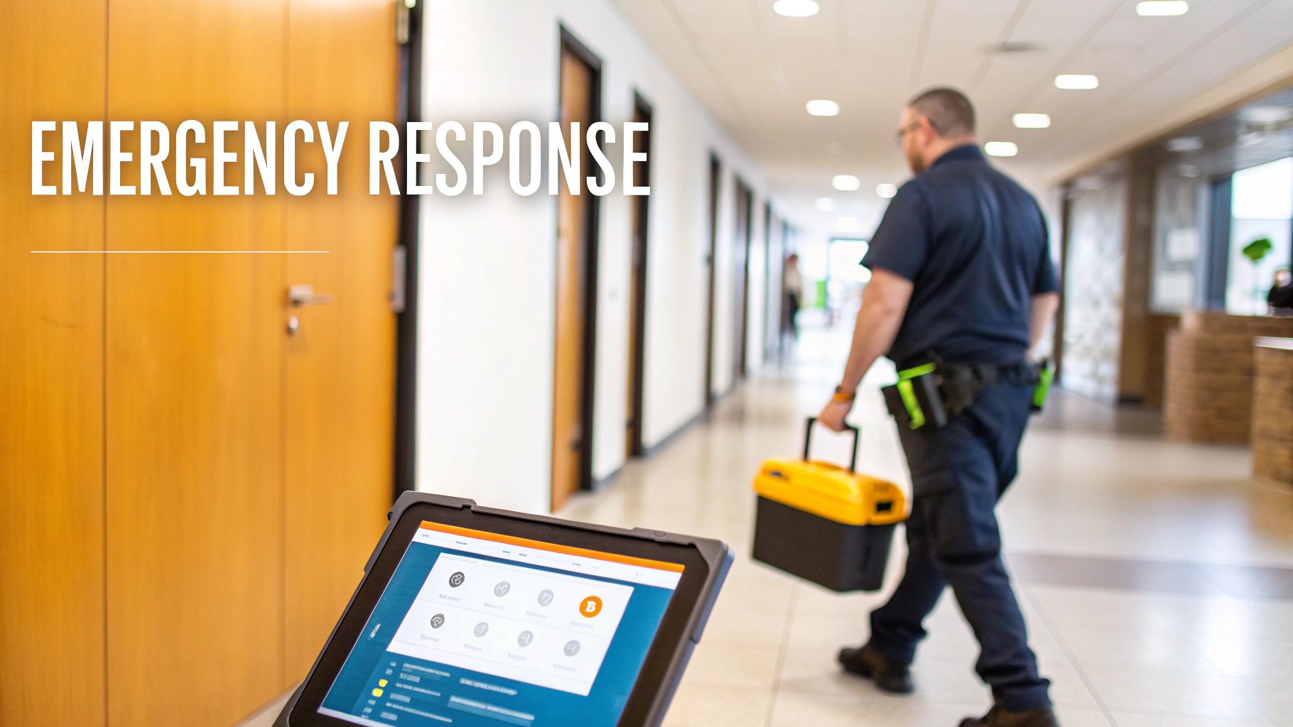 A technician with a toolbox walks through a building, while a tablet displays an emergency response system.