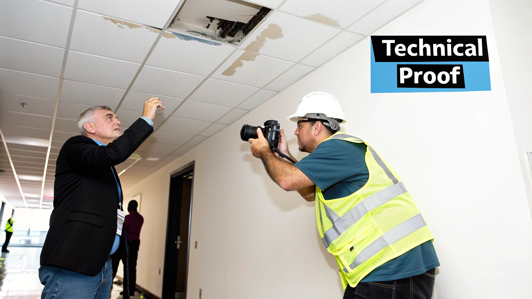 A construction worker photographs a damaged ceiling with water stains, while a businessman points at it.
