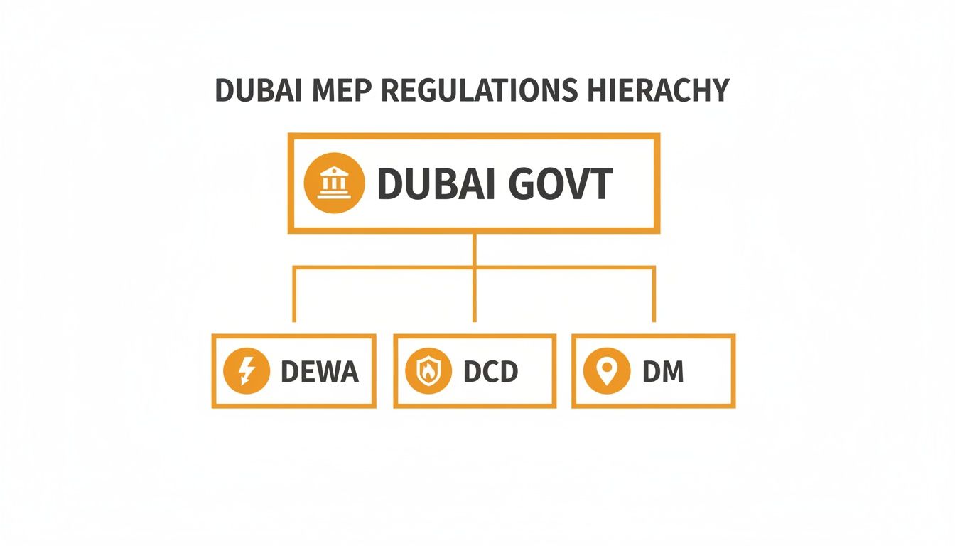 Dubai MEP regulations hierarchy diagram showing Dubai Government overseeing DEWA, DCD, and DM.